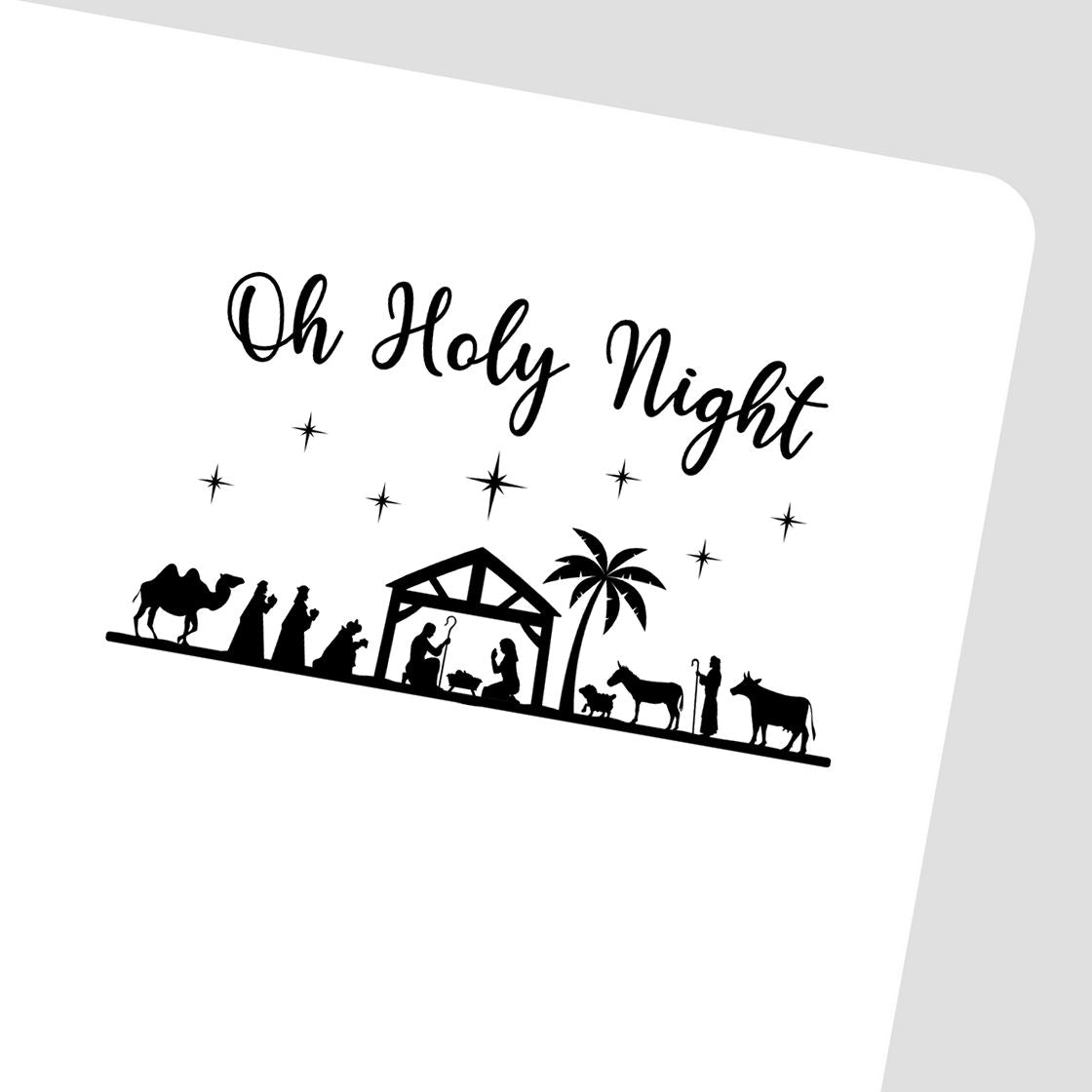 Black nativity Christmas stamp and seal design with Oh Holy Night script, stars, manger, camels, and palm tree on white background.