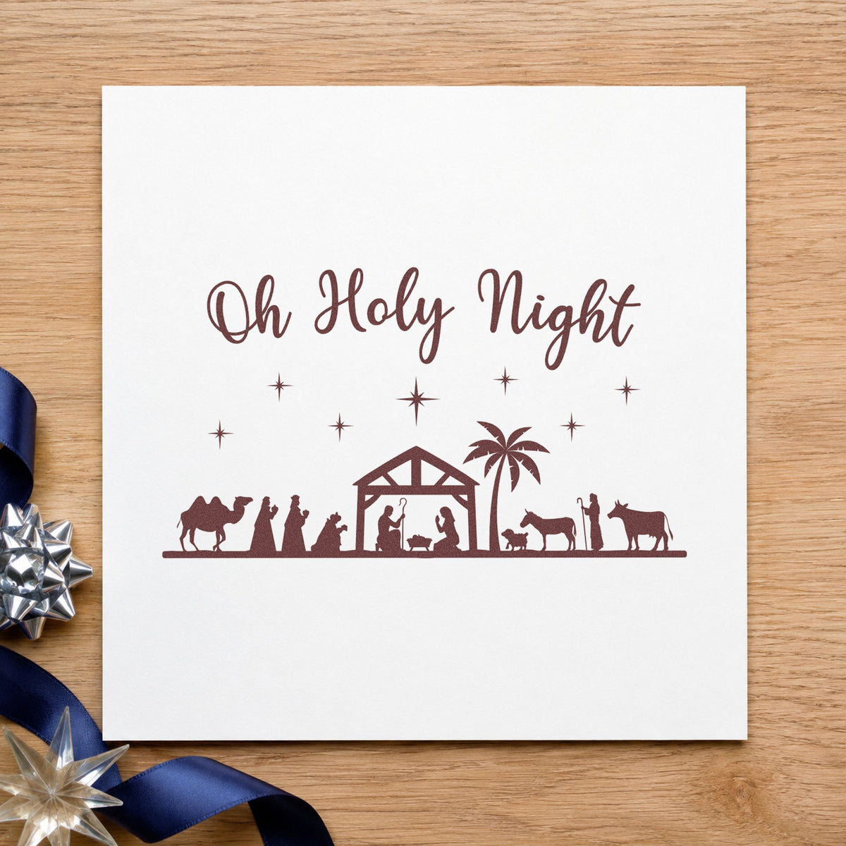Oh Holy Night Nativity Scene rubber stamp printed in brown ink, ready for reading order sheet and similar paper crafts.