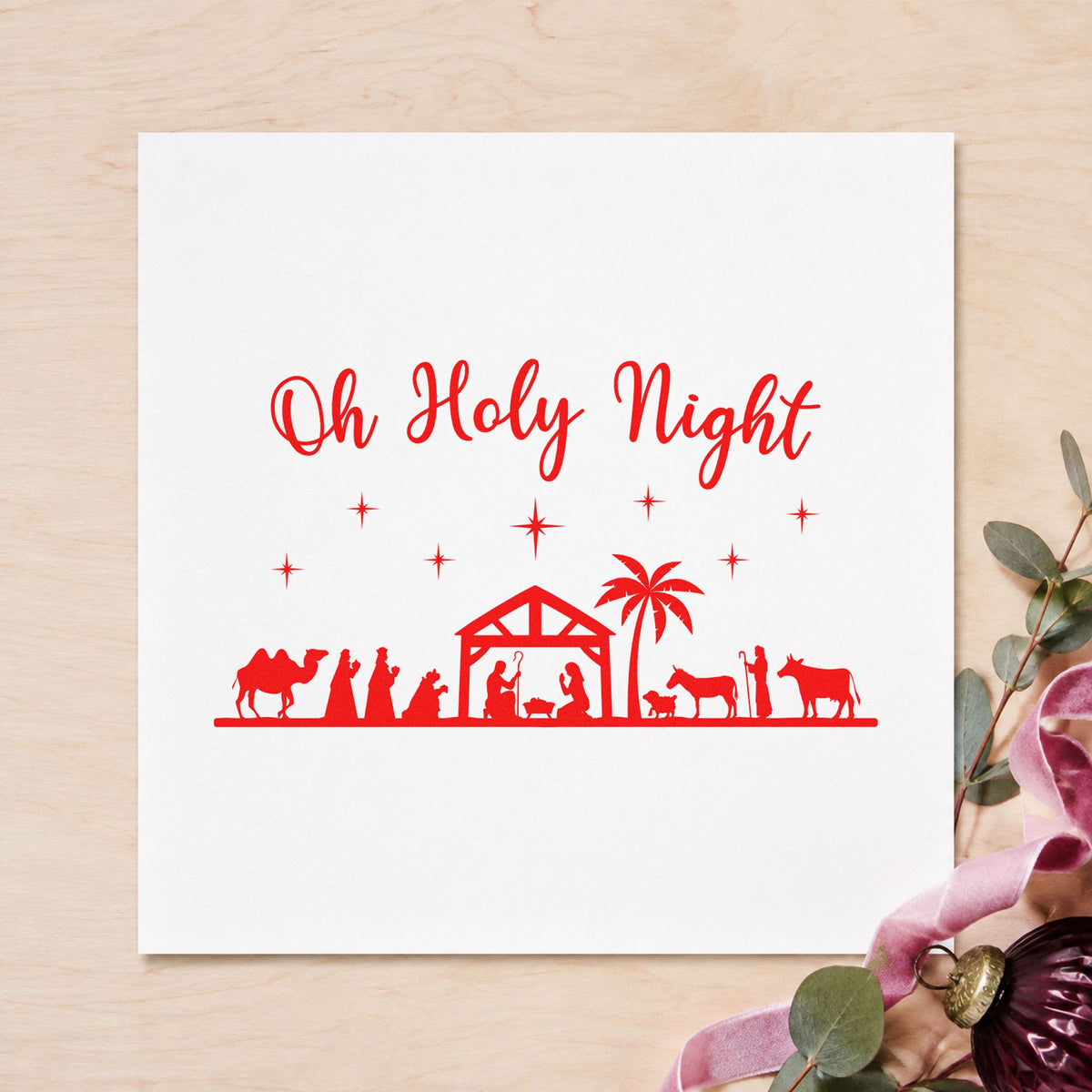 Oh Holy Night Nativity Scene craft stamp in red ink on cardstock, an easy option for stage curtain ink.