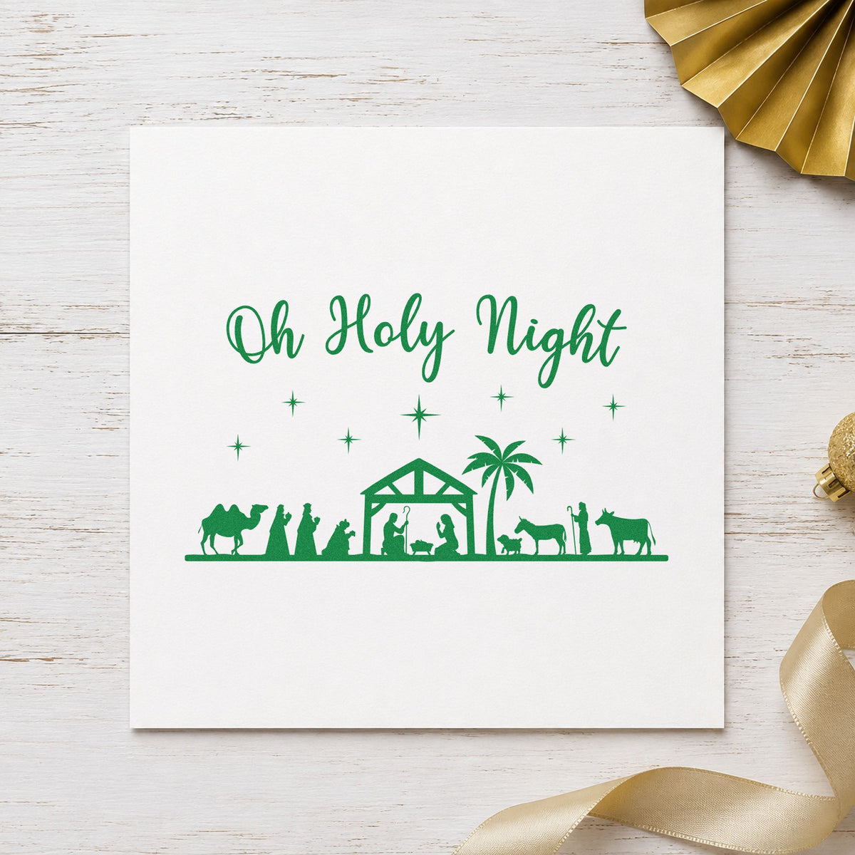 Oh Holy Night Nativity Scene craft stamp imprinted in green ink on paper, a design suited to framed large panel.