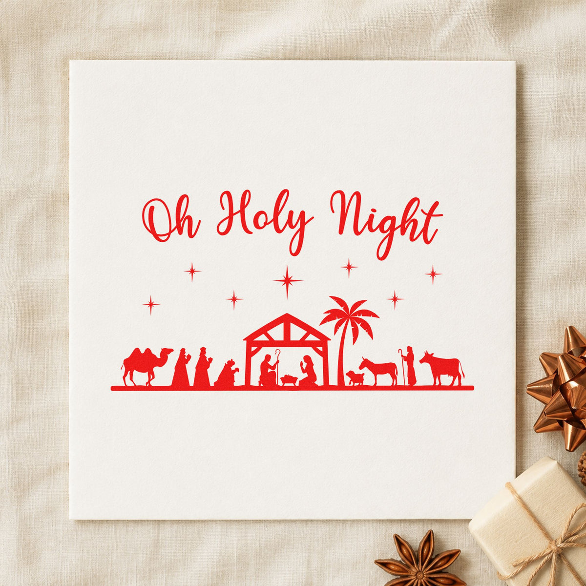 Oh Holy Night Nativity Scene rubber stamp shown in red ink, stamped for projects such as figure crate labels.