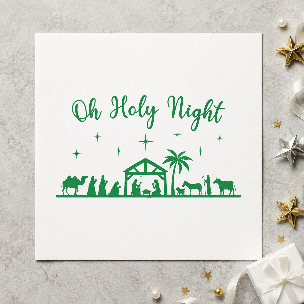 Oh Holy Night Nativity Scene craft stamp imprint in green ink on a handmade project, one idea being live pageant programs.
