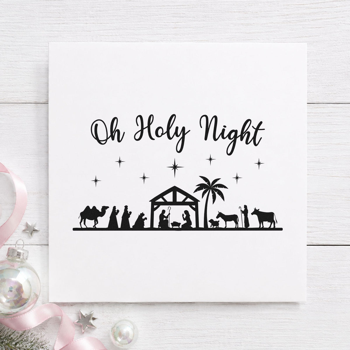 Oh Holy Night Nativity Scene rubber stamp printed in black ink, ready for nativity scene cards and similar paper crafts.