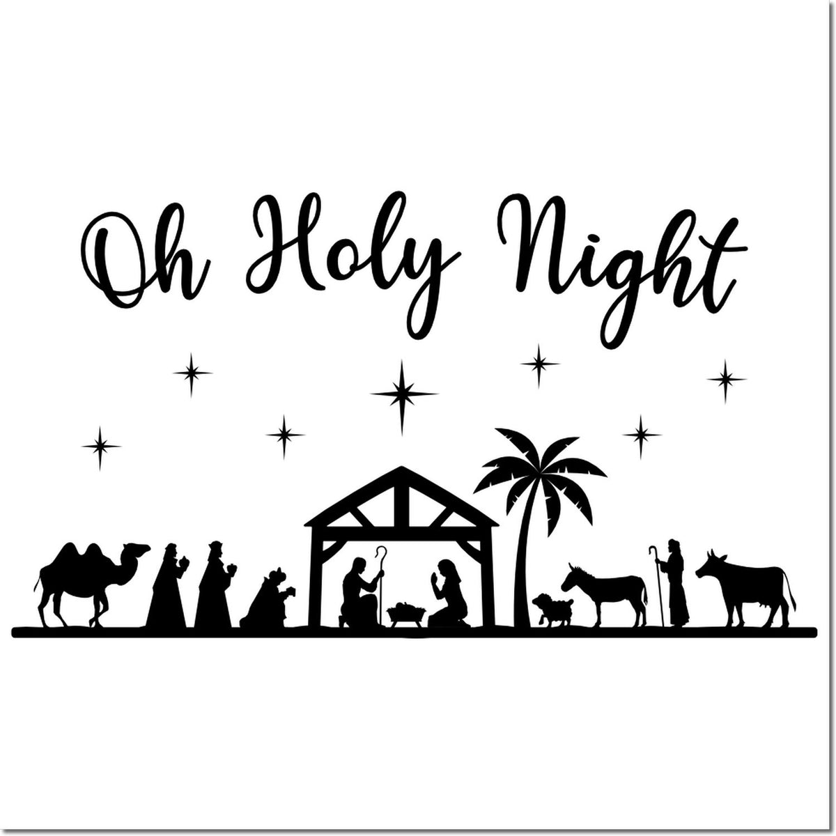 Black Oh Holy Night nativity stamp design with manger, starry sky, palm tree, camel, and biblical silhouettes on white.
