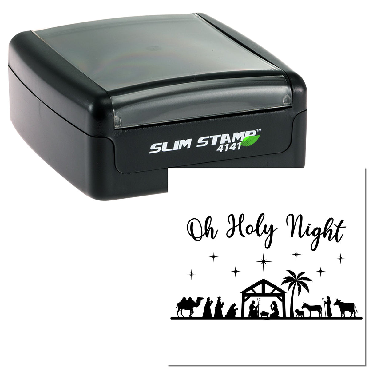 Black Slim Stamp 4141 self-inking stamp with a black Oh Holy Night nativity seal design on white.