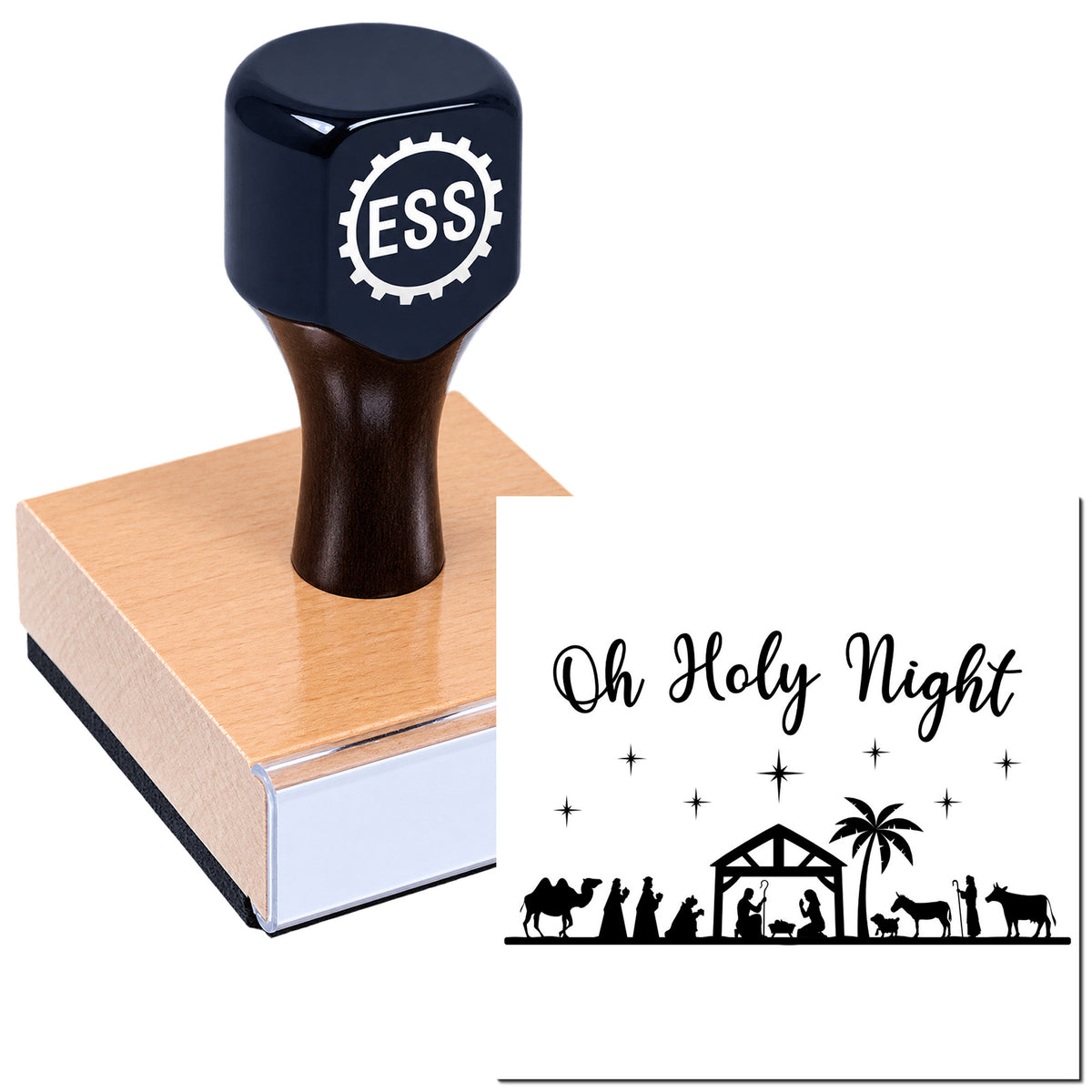 Black ESS rubber stamp and seal on wooden block, showing "Oh Holy Night" nativity design in black on white.