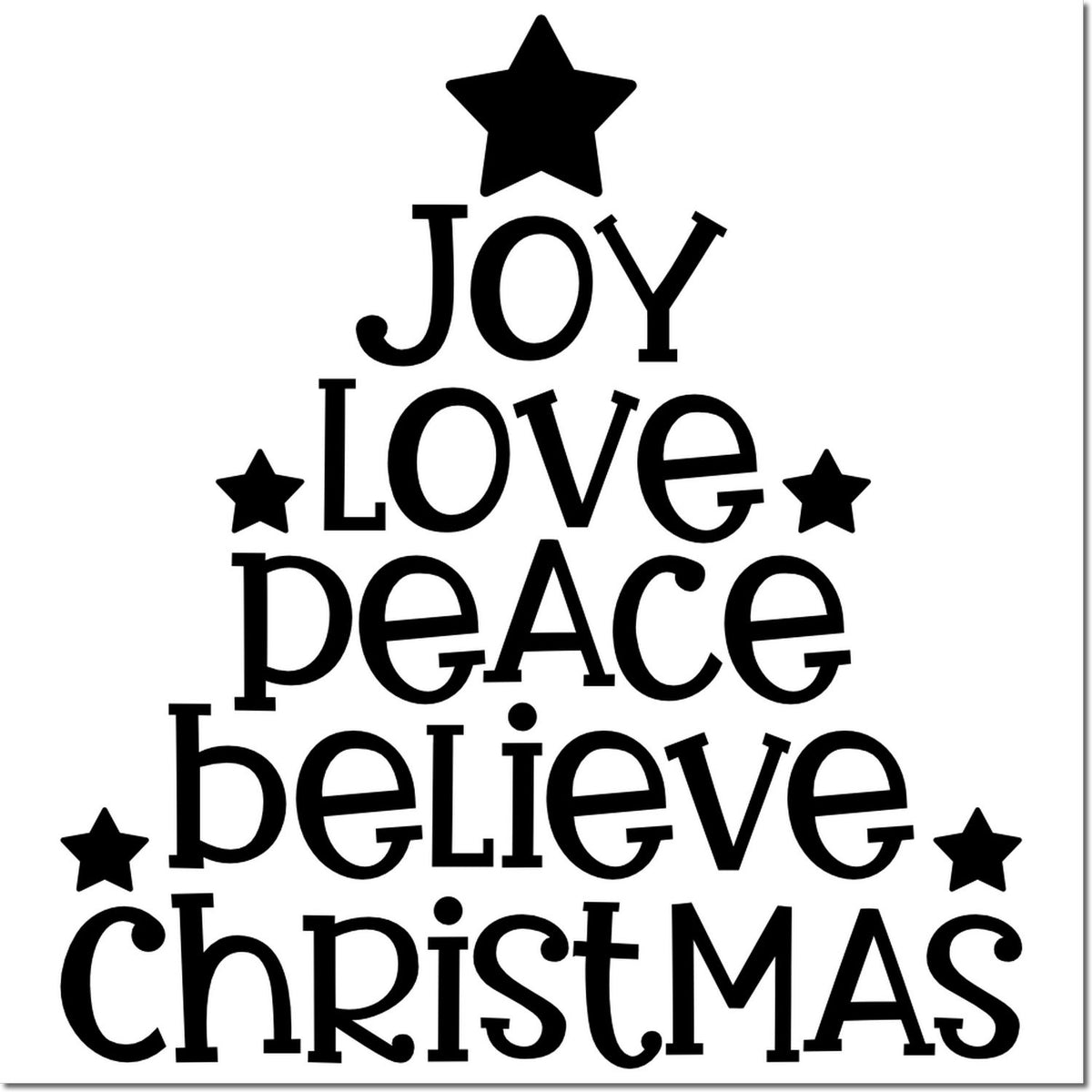 Black Christmas tree stamp/seal design with stars and stacked words JOY LOVE PEACE believe CHRISTMAS on white background.