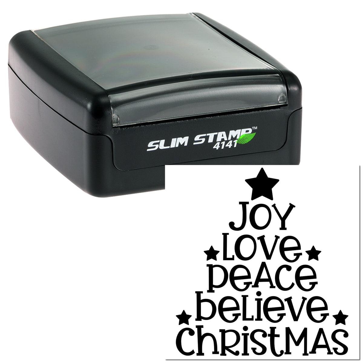 Black self-inking stamp and seal with white Joy Love Peace Believe Christmas design and stars
