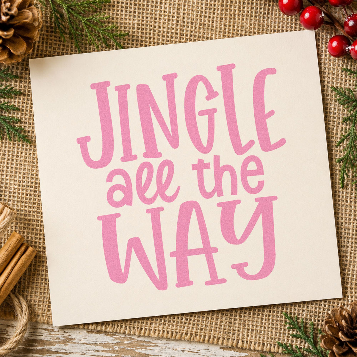 Jingle All The Way craft stamp in purple ink on cardstock, an easy option for block letter album.