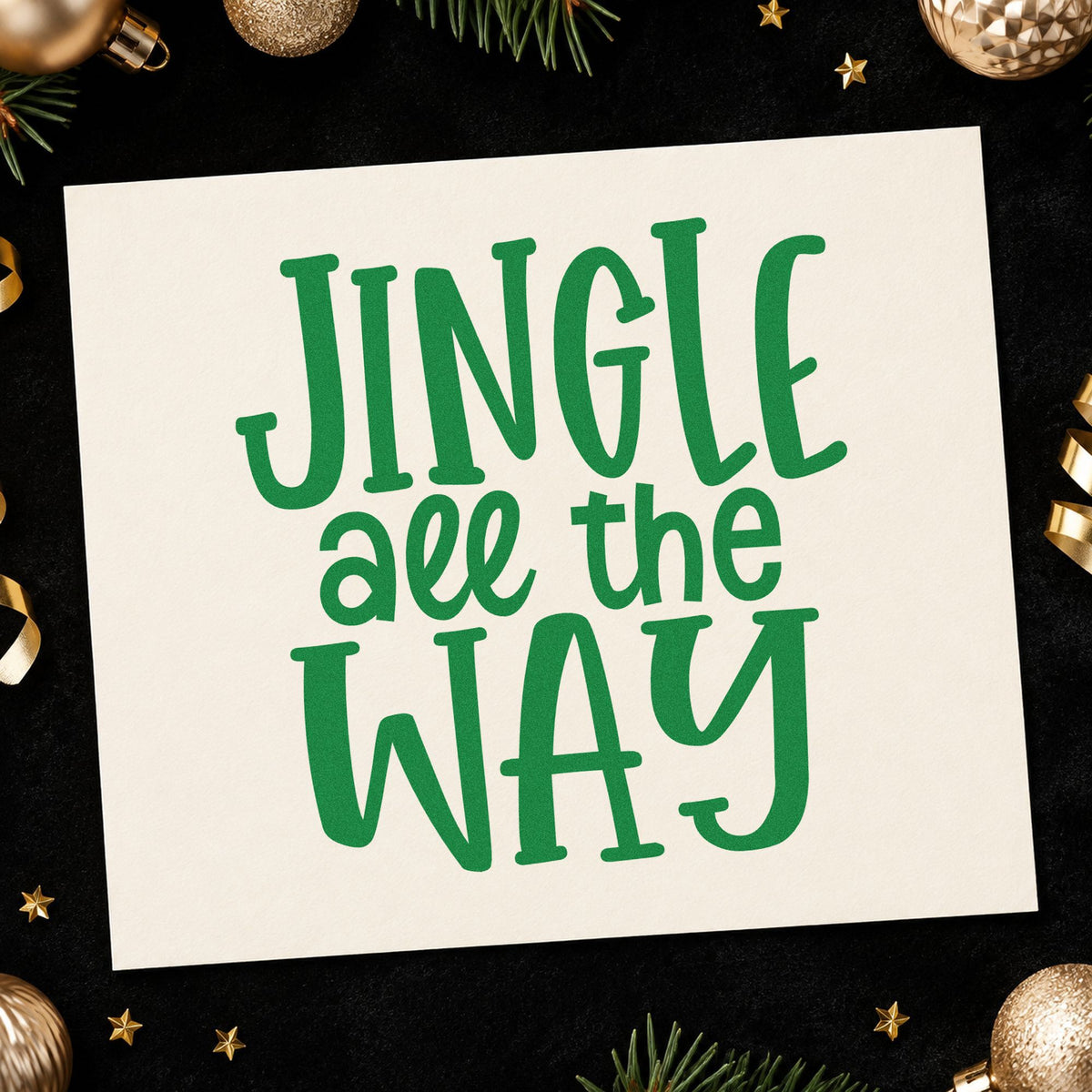 Jingle All The Way craft stamp imprint in green ink on a handmade project, one idea being square gift tags.