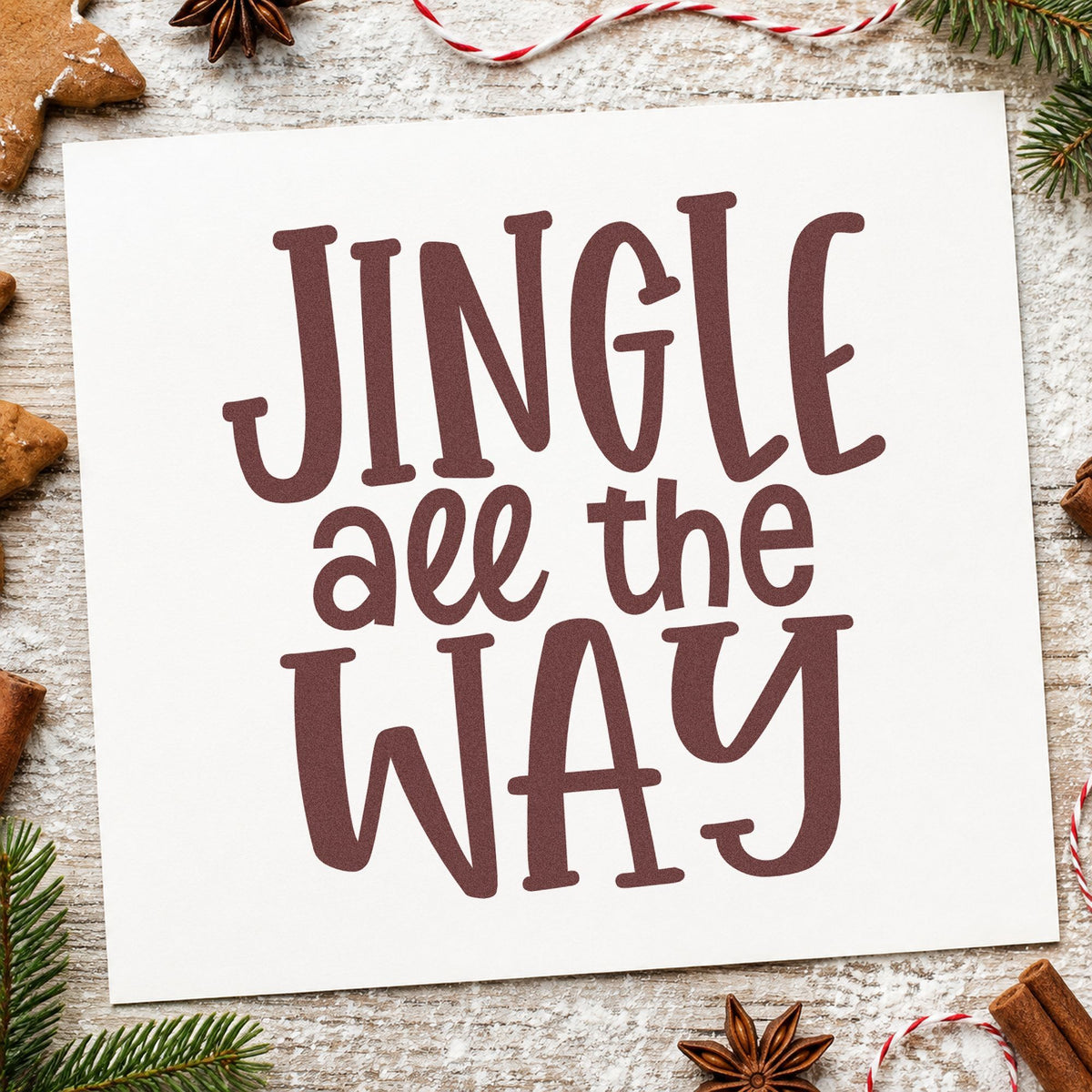Jingle All The Way rubber stamp printed in brown ink, ready for cover sheet header and similar paper crafts.