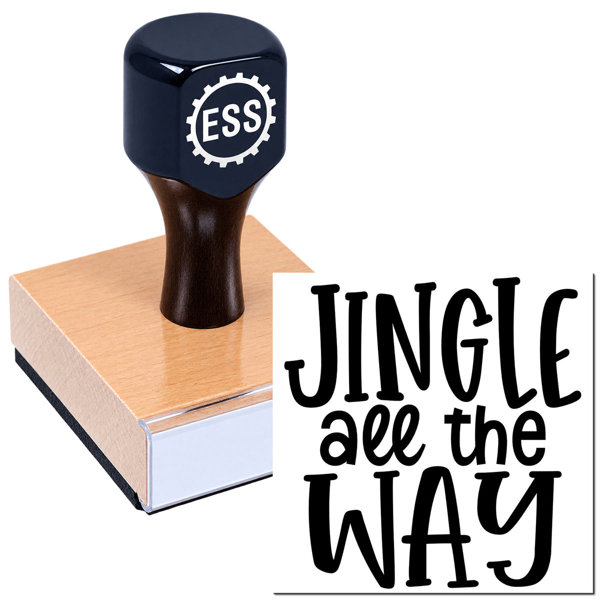 Navy ESS stamp seal on a pink-and-white block with black "JINGLE are the WAY" lettering.