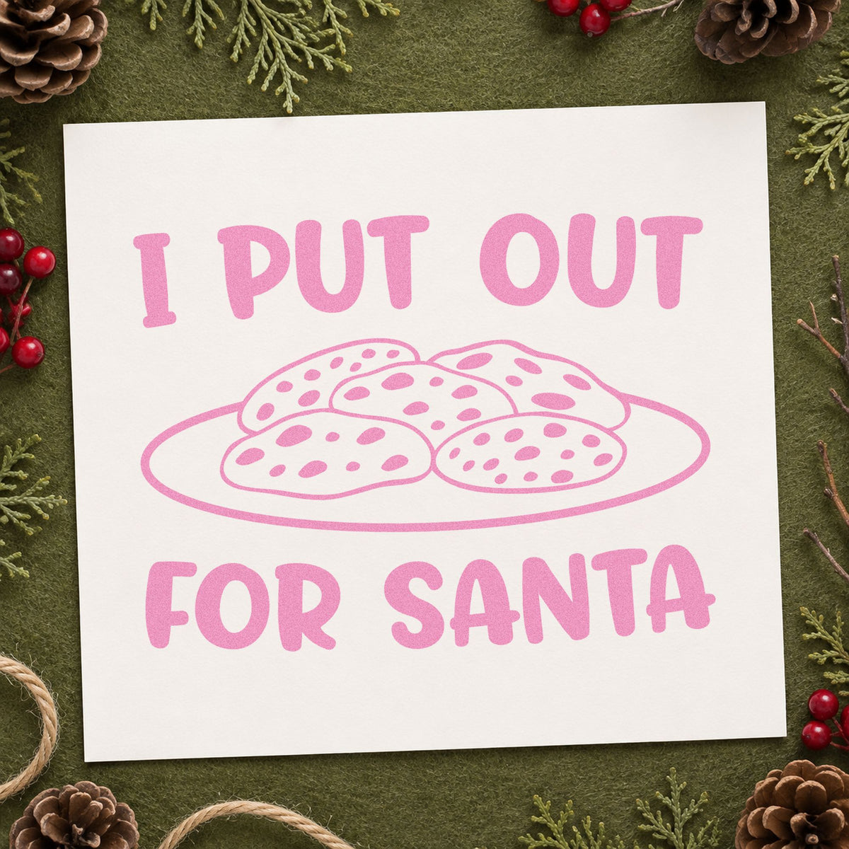 I Put Out For Santa Cookies craft stamp in purple ink on cardstock, an easy option for party humor album.