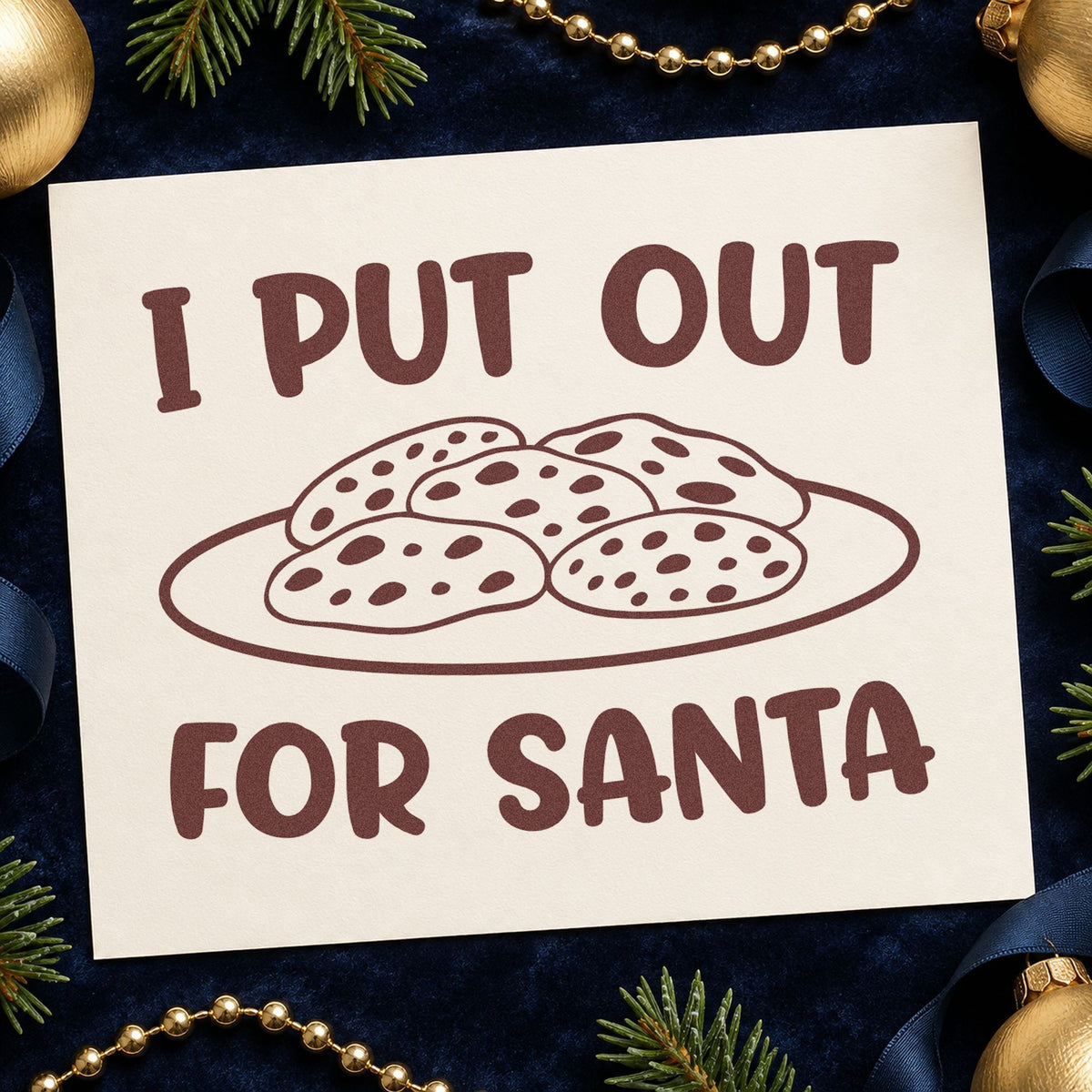 I Put Out For Santa Cookies rubber stamp printed in brown ink, ready for recipe trade sheet and similar paper crafts.