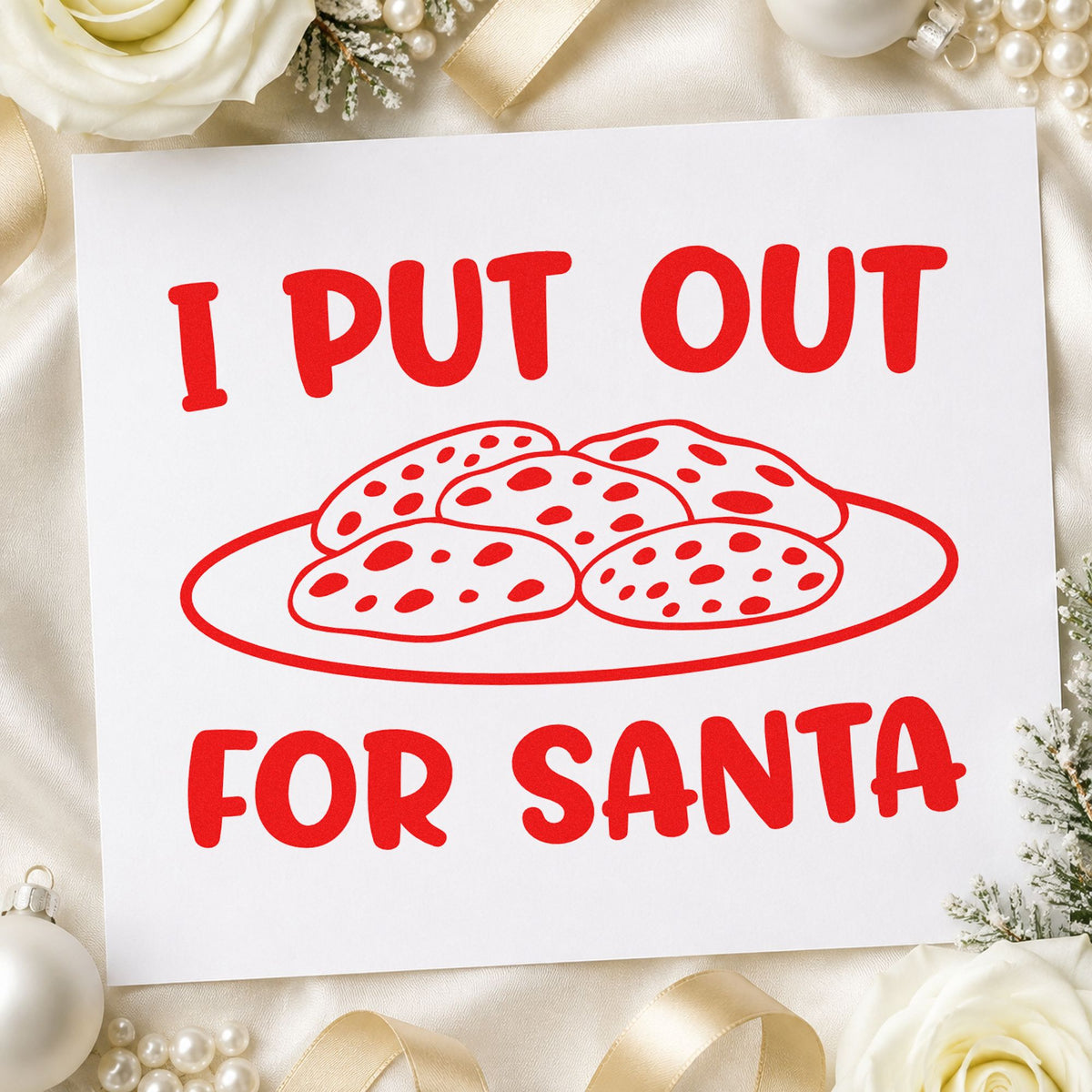 I Put Out For Santa Cookies craft stamp in red ink on cardstock, an easy option for hostess apron ink.