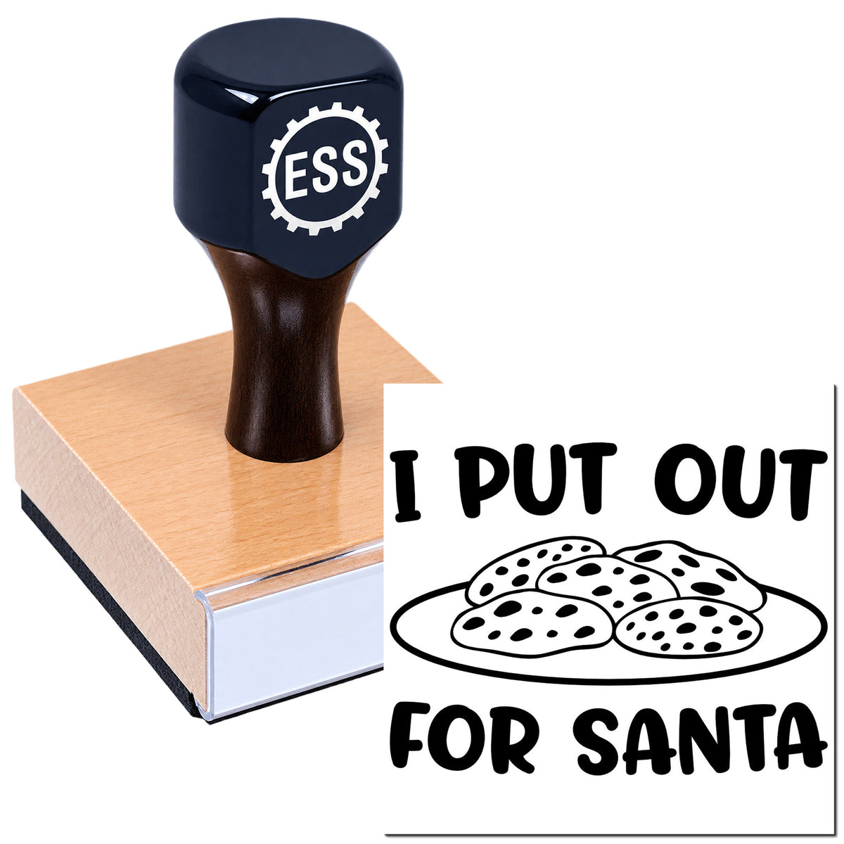 Black ESS rubber stamp on copper seal block, with "I PUT OUT FOR SANTA" and cookie graphic.
