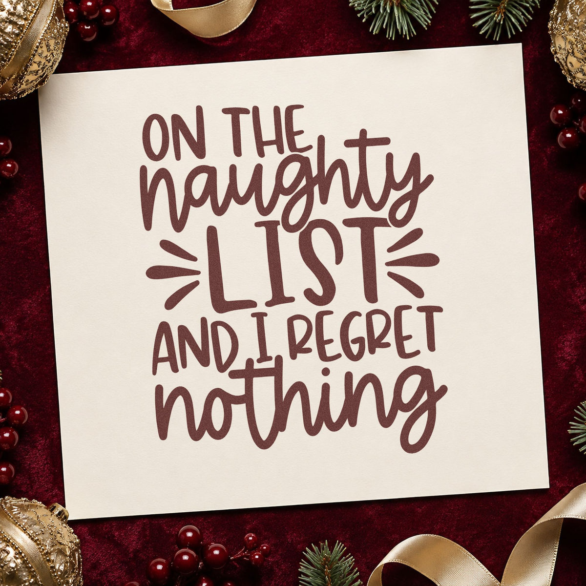 Naughty List Regret Nothing rubber stamp printed in brown ink, ready for confession tally sheet and similar paper crafts.
