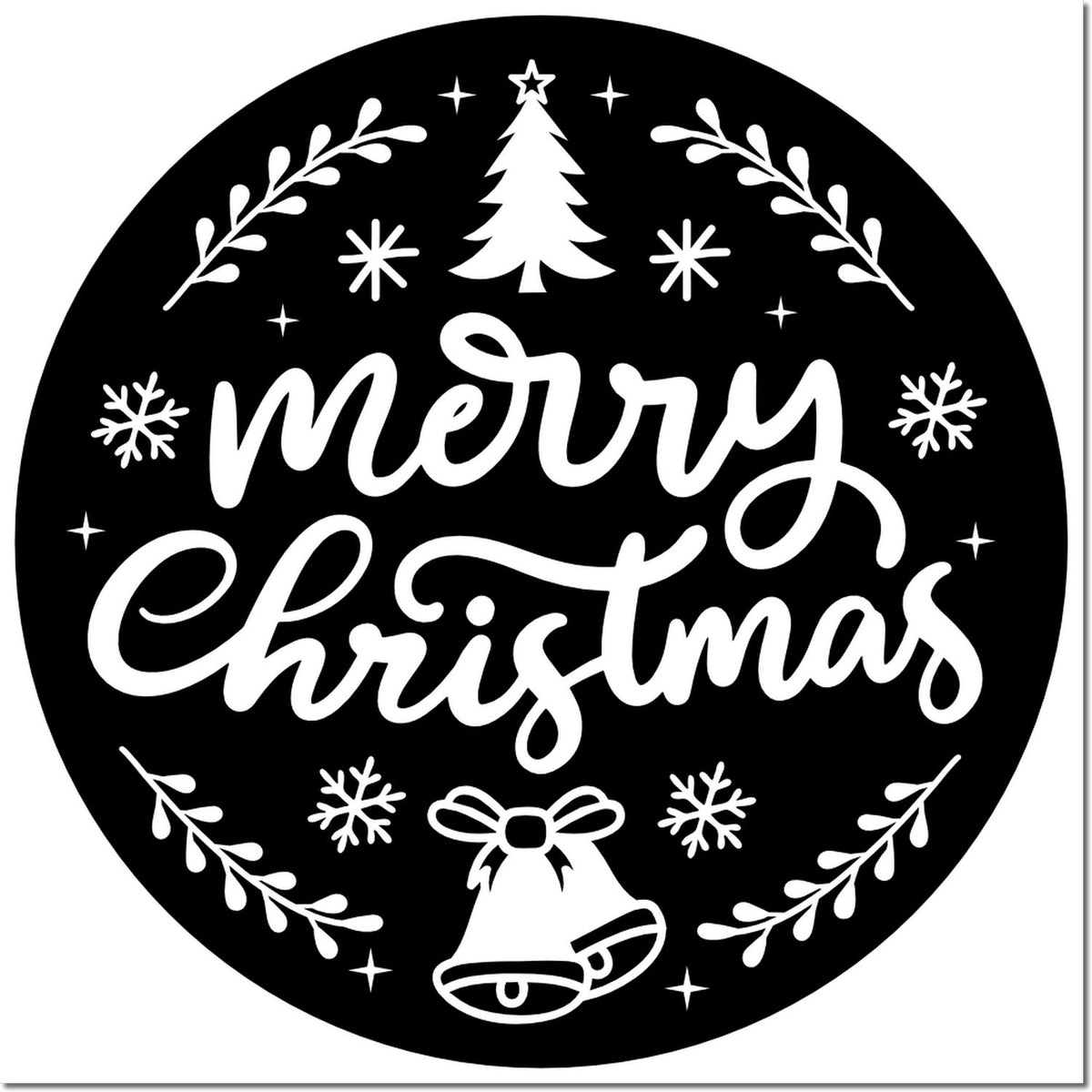 Round black Christmas stamp seal with white Merry Christmas script, tree, snowflakes, bell, and leafy branches.