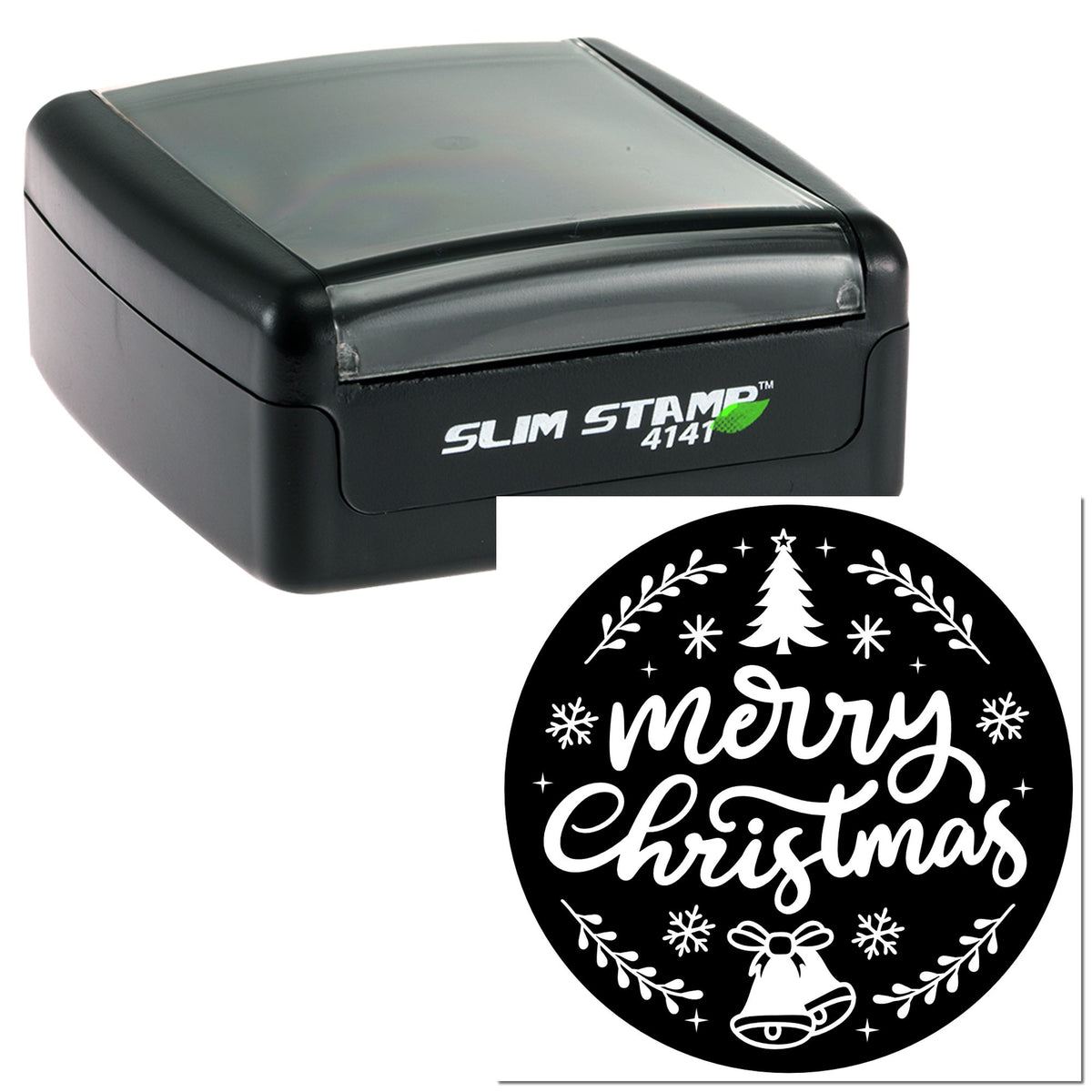 Black Slim Stamp 4141 with translucent gray top and round Merry Christmas seal featuring white tree, bells and snowflakes.