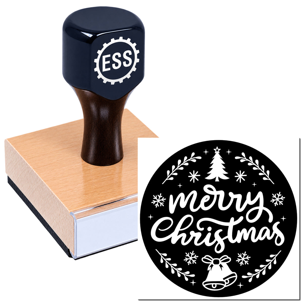 Dark blue ESS stamp on block beside round black Merry Christmas seal with white tree, bell and snowflakes.