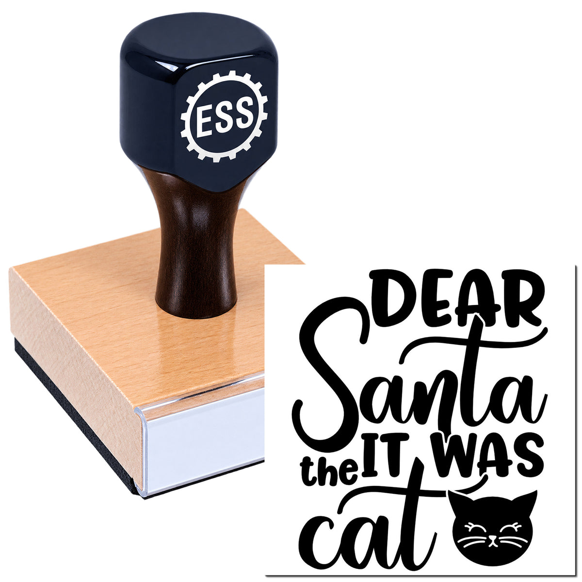 Dark navy ESS rubber stamp on a pink wood block, beside black "Dear Santa, it was the cat" seal design with cat icon.