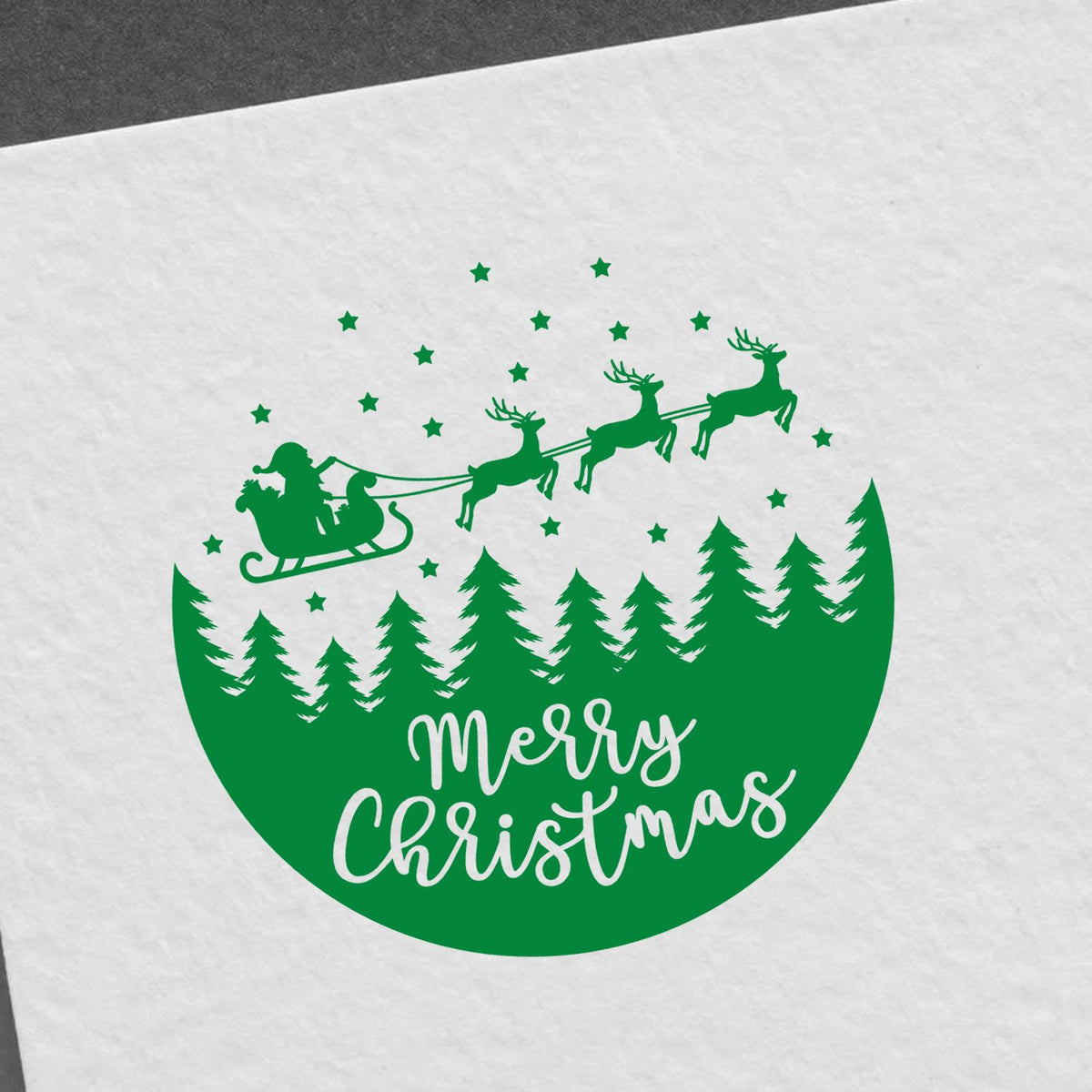 Green Merry Christmas stamp seal with Santa sleigh, reindeer, stars, and pine trees on a white background.