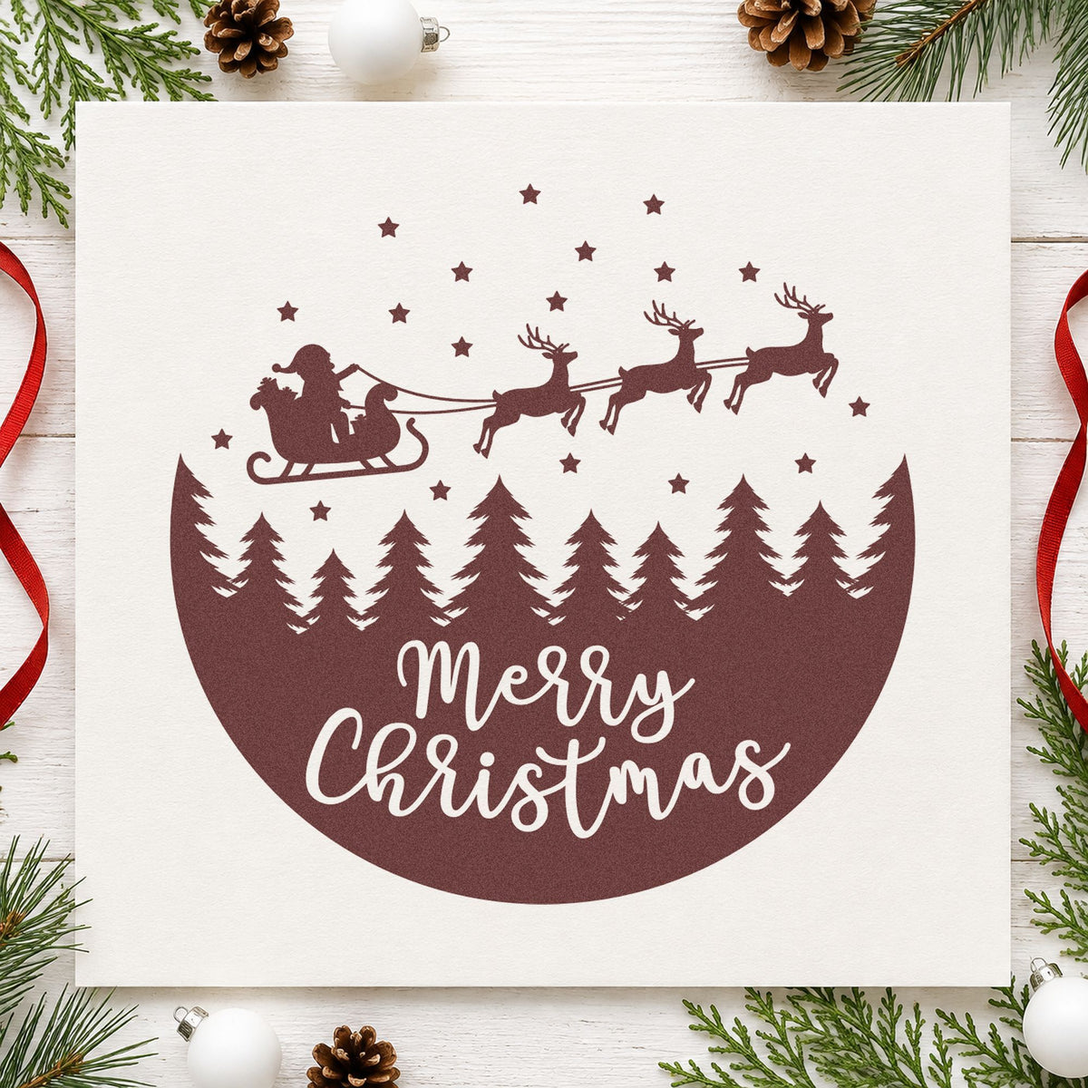 Merry Christmas Sleigh Forest Circle rubber stamp printed in brown ink, ready for coaster set sheet and similar paper crafts.