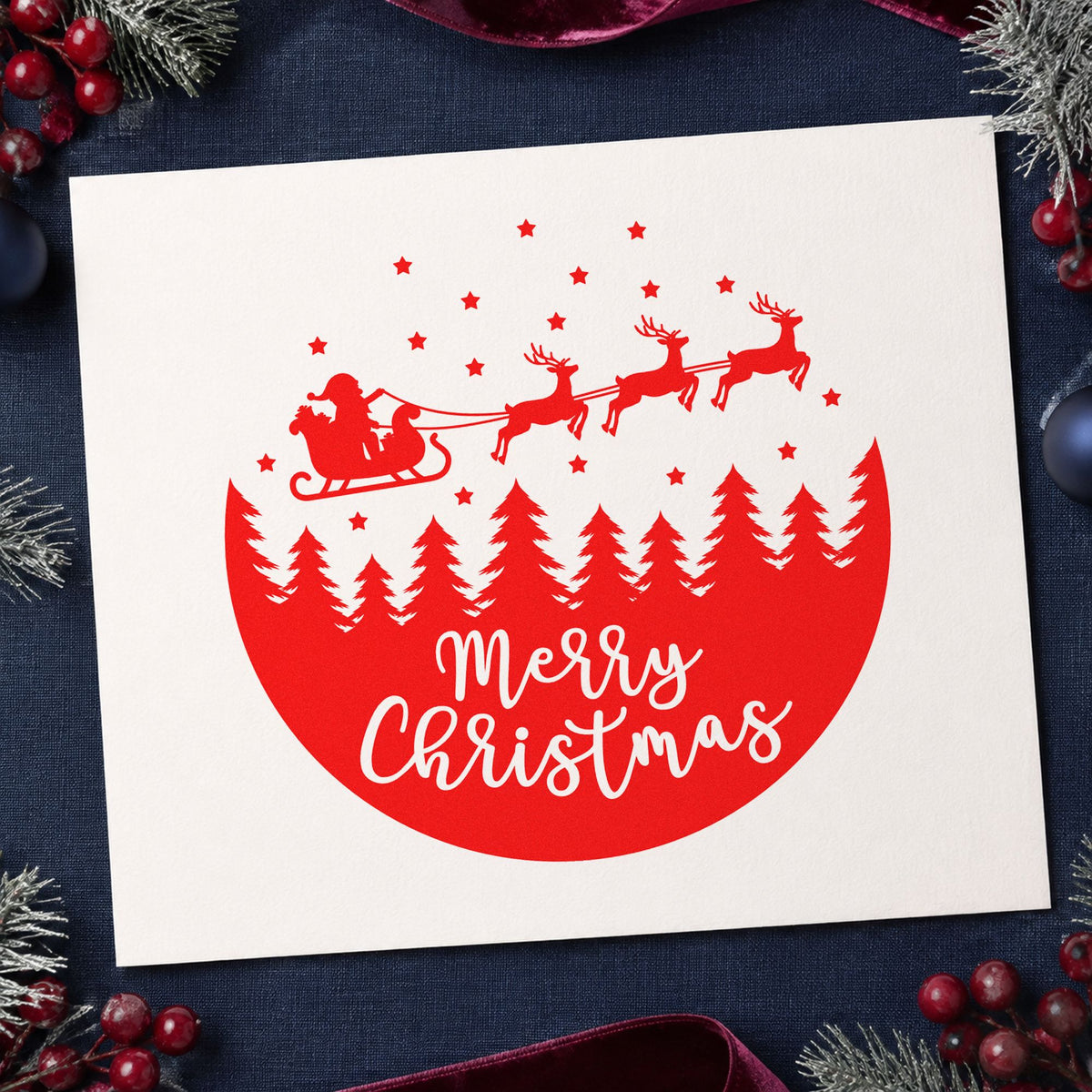 Merry Christmas Sleigh Forest Circle craft stamp in red ink on cardstock, an easy option for patch circle printing.