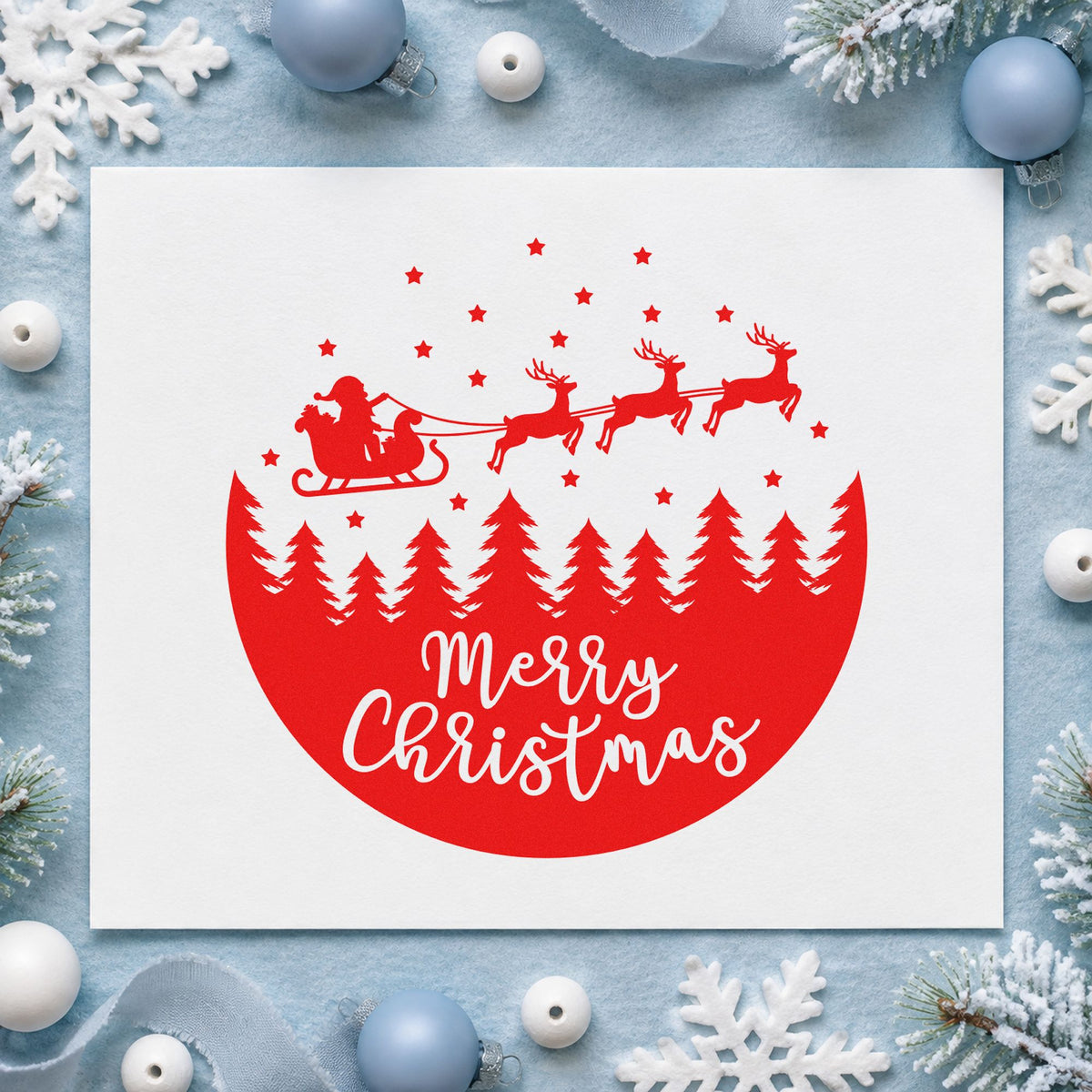 Merry Christmas Sleigh Forest Circle rubber stamp shown in red ink, stamped for projects such as candle top labels.