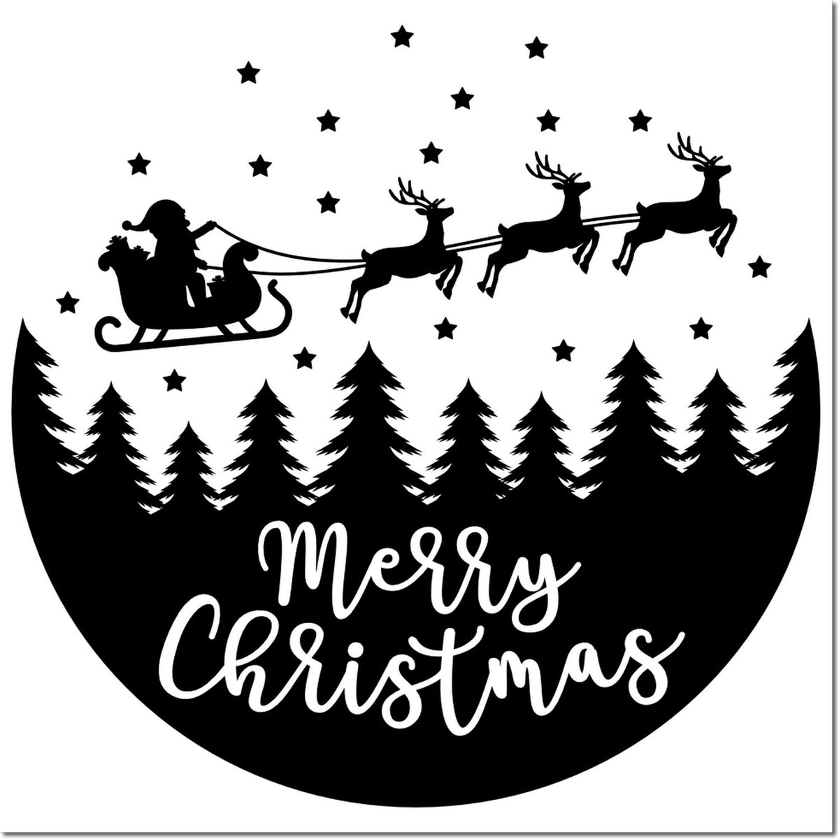 Black round Christmas stamp seal with white Santa sleigh, reindeer, stars, pine trees, and Merry Christmas text.