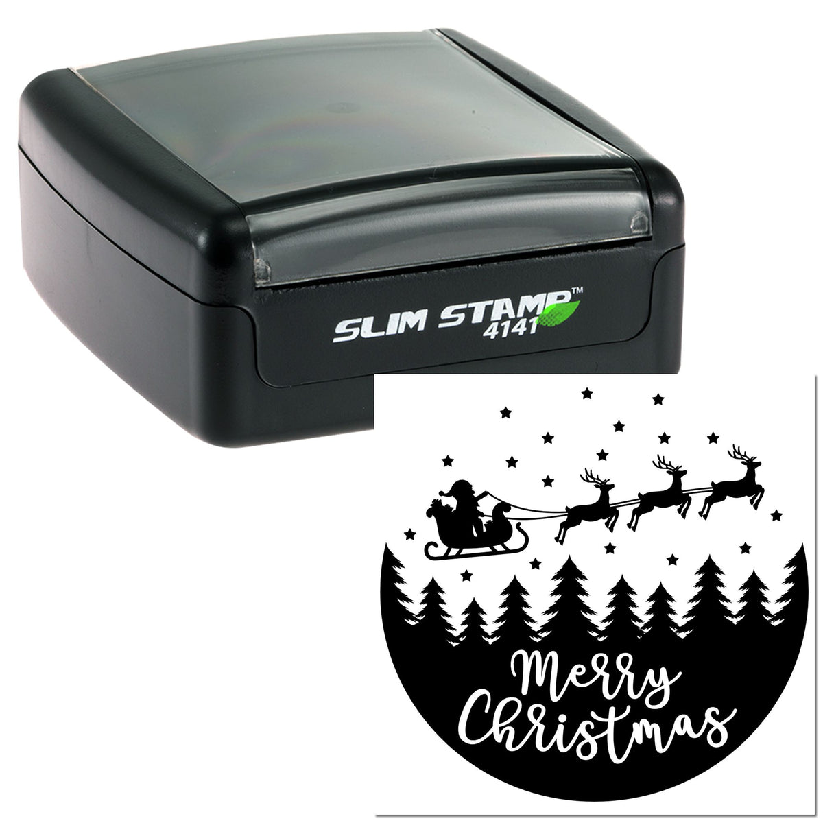Black Slim Stamp 4141 with Merry Christmas seal showing Santa sleigh, reindeer, stars, and pine trees.