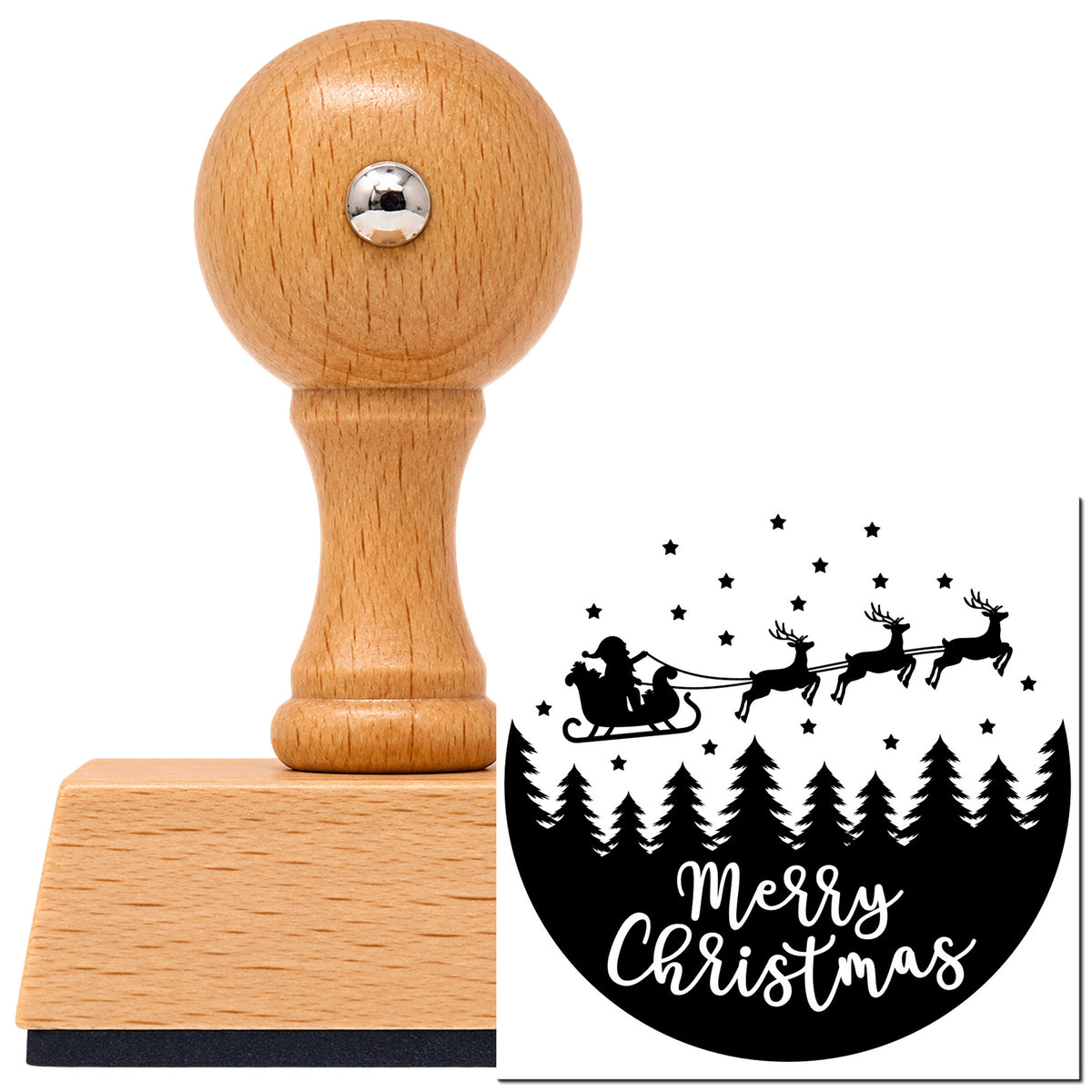 Vintage Pro beech wood stamp with a round knob handle, shown with its black Merry Christmas Sleigh Forest Circle Reindeer imprint on white.