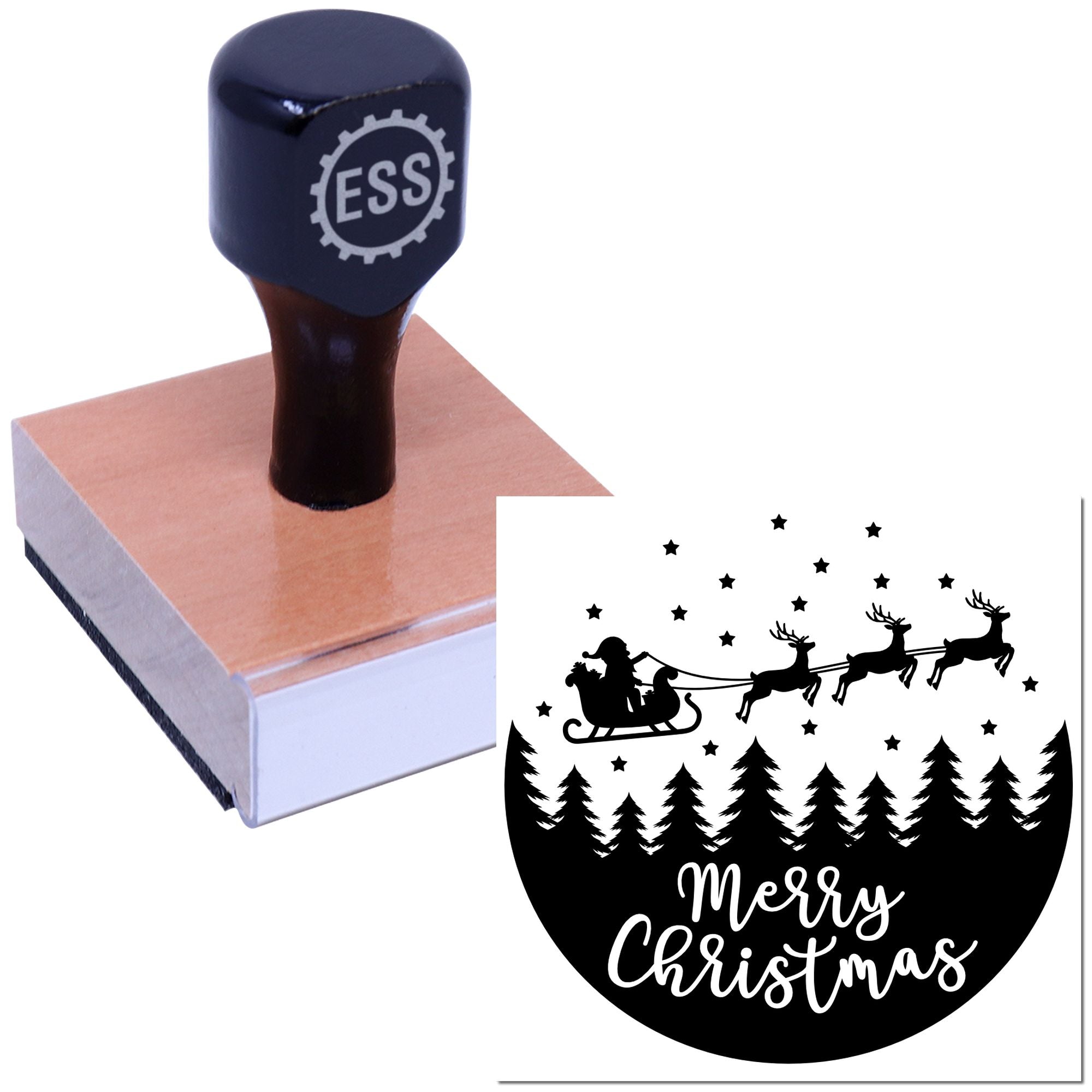 Black ESS stamp and custom Christmas seal with Santa sleigh, reindeer, stars, trees, and Merry Christmas text on white background