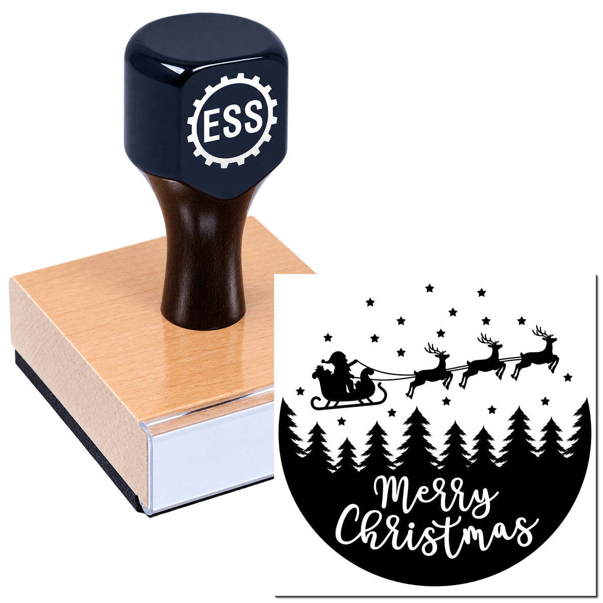 Black ESS stamp and custom Christmas seal with Santa sleigh, reindeer, stars, trees, and Merry Christmas text on white background