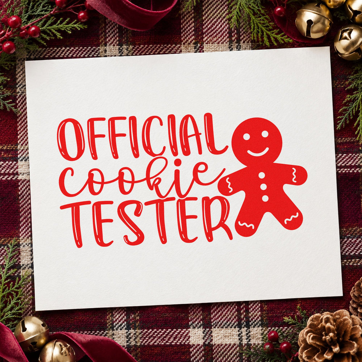 Official Cookie Tester craft stamp in red ink on cardstock, an easy option for junior apron printing.