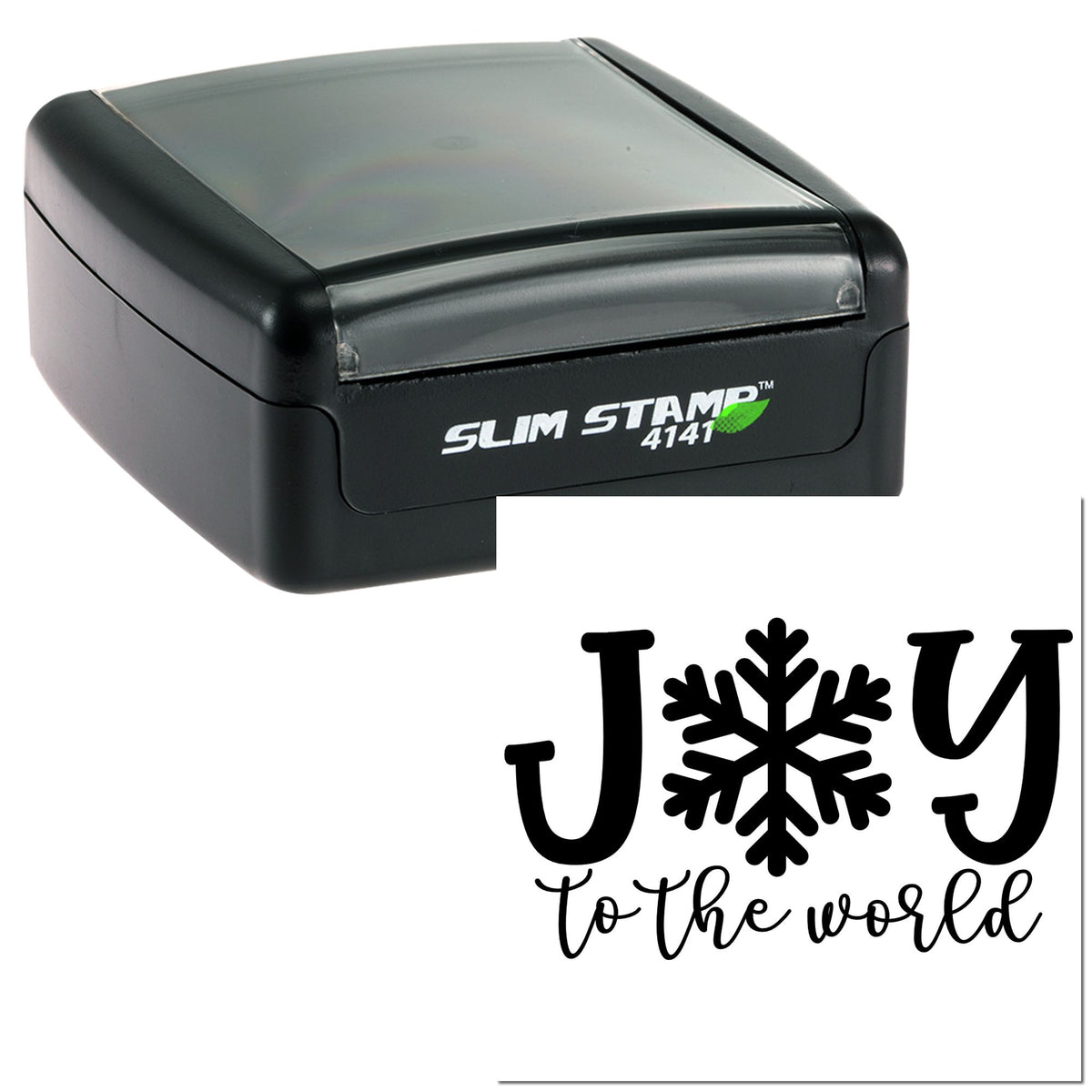 Black Slim Stamp 4141 self-inking stamp and seal with white "J to the world" snowflake design.