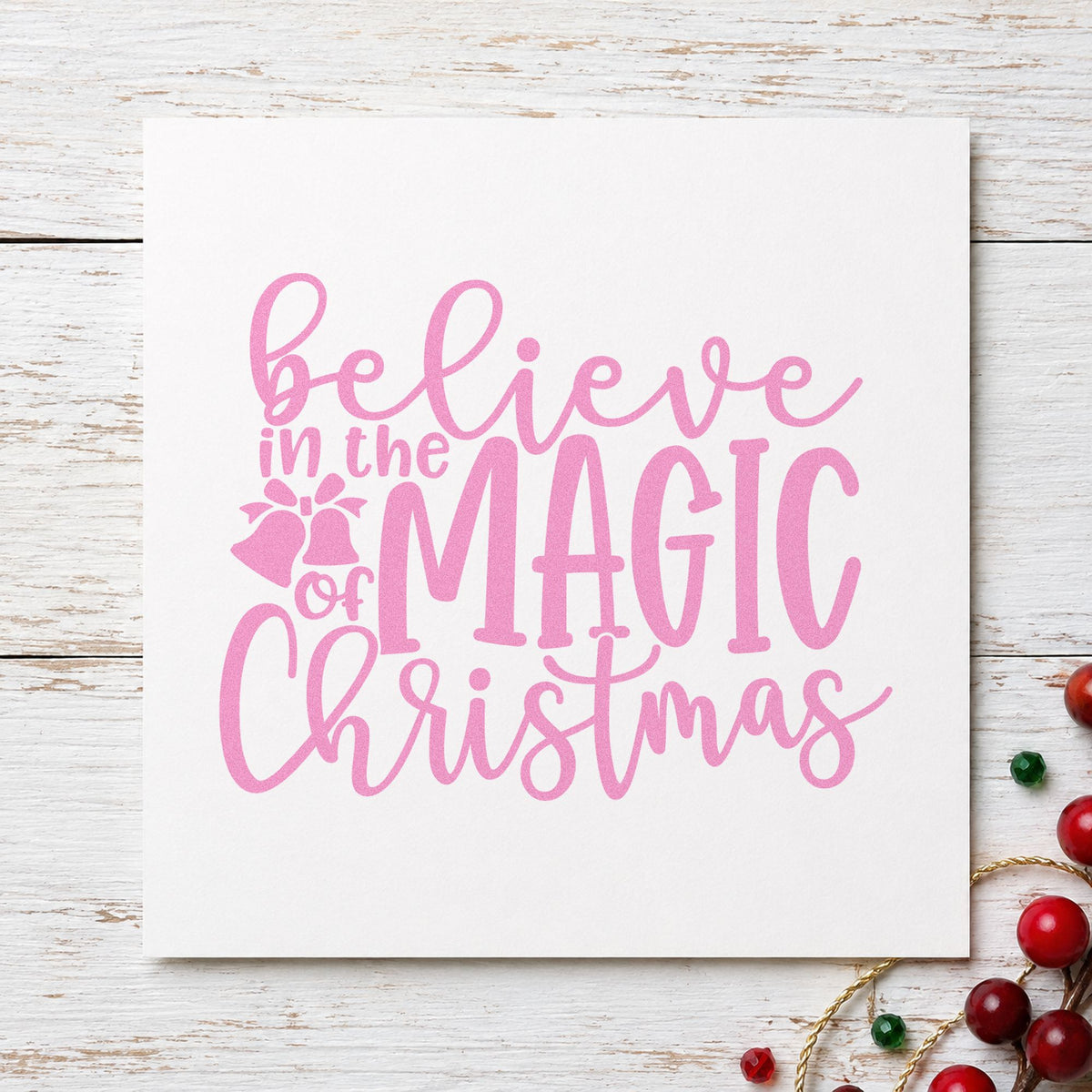 Believe Magic Christmas Holly craft stamp in purple ink on cardstock, an easy option for simple album page.