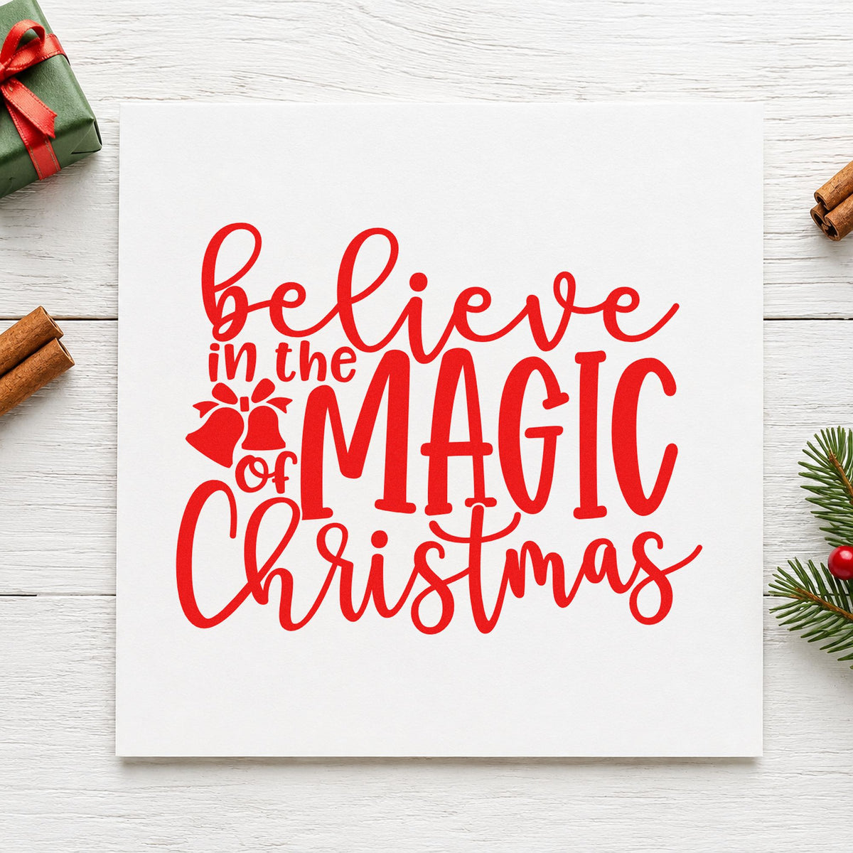 Believe Magic Christmas Holly rubber stamp shown in red ink, stamped for projects such as tin sleeve labels.