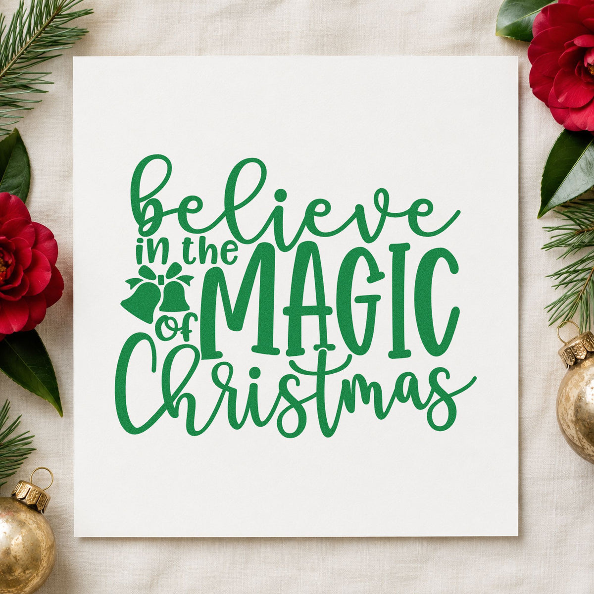 Believe Magic Christmas Holly craft stamp imprint in green ink on a handmade project, one idea being guest room cards.