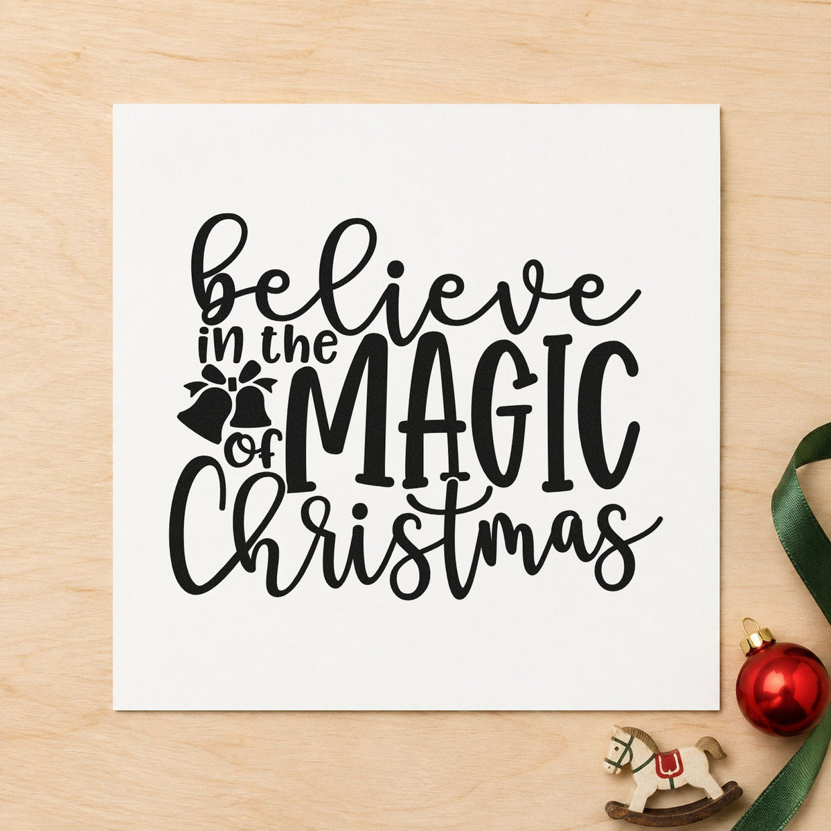 Believe Magic Christmas Holly rubber stamp printed in black ink, ready for small holly cards and similar paper crafts.