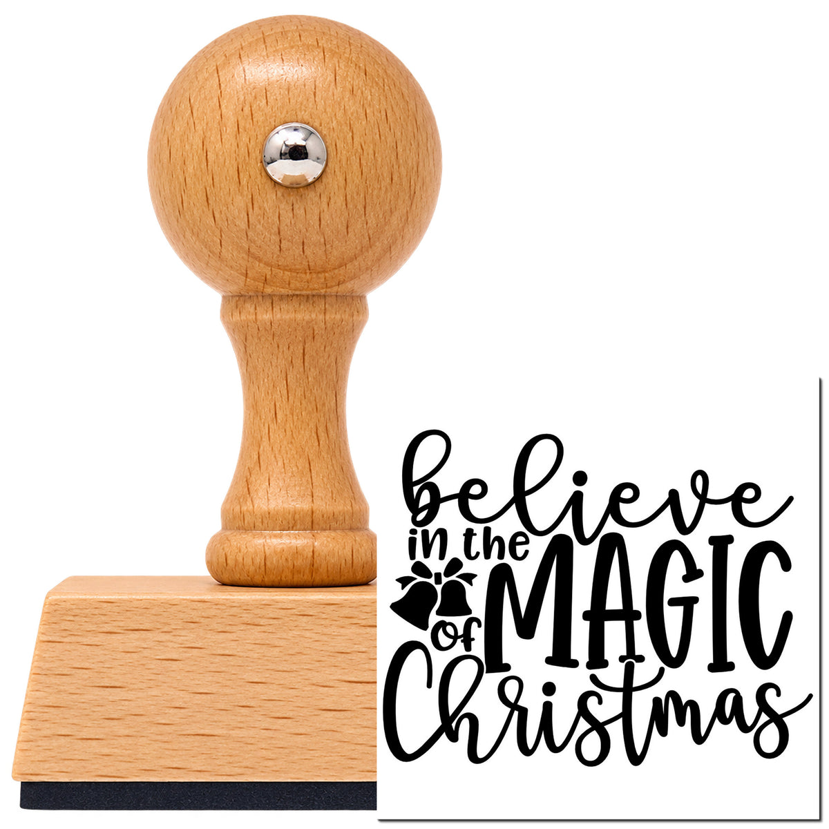 Vintage Pro beech wood stamp with a round knob handle, shown with its black Believe Magic Christmas Holly imprint on white.