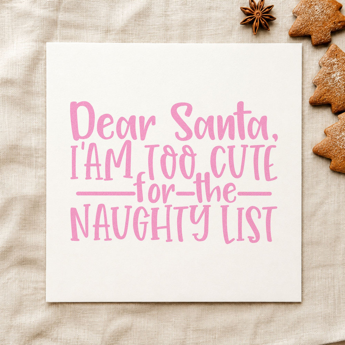Too Cute For Naughty List craft stamp in purple ink on cardstock, an easy option for toddler album page.