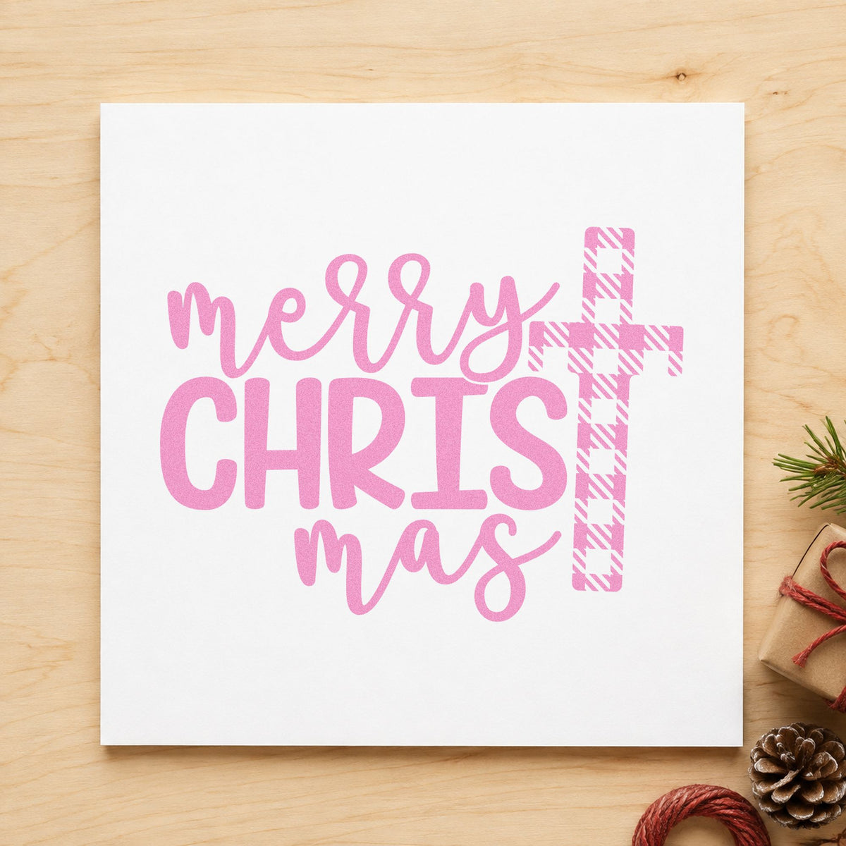 Merry Christmas Plaid Cross craft stamp in purple ink on cardstock, an easy option for country church album.