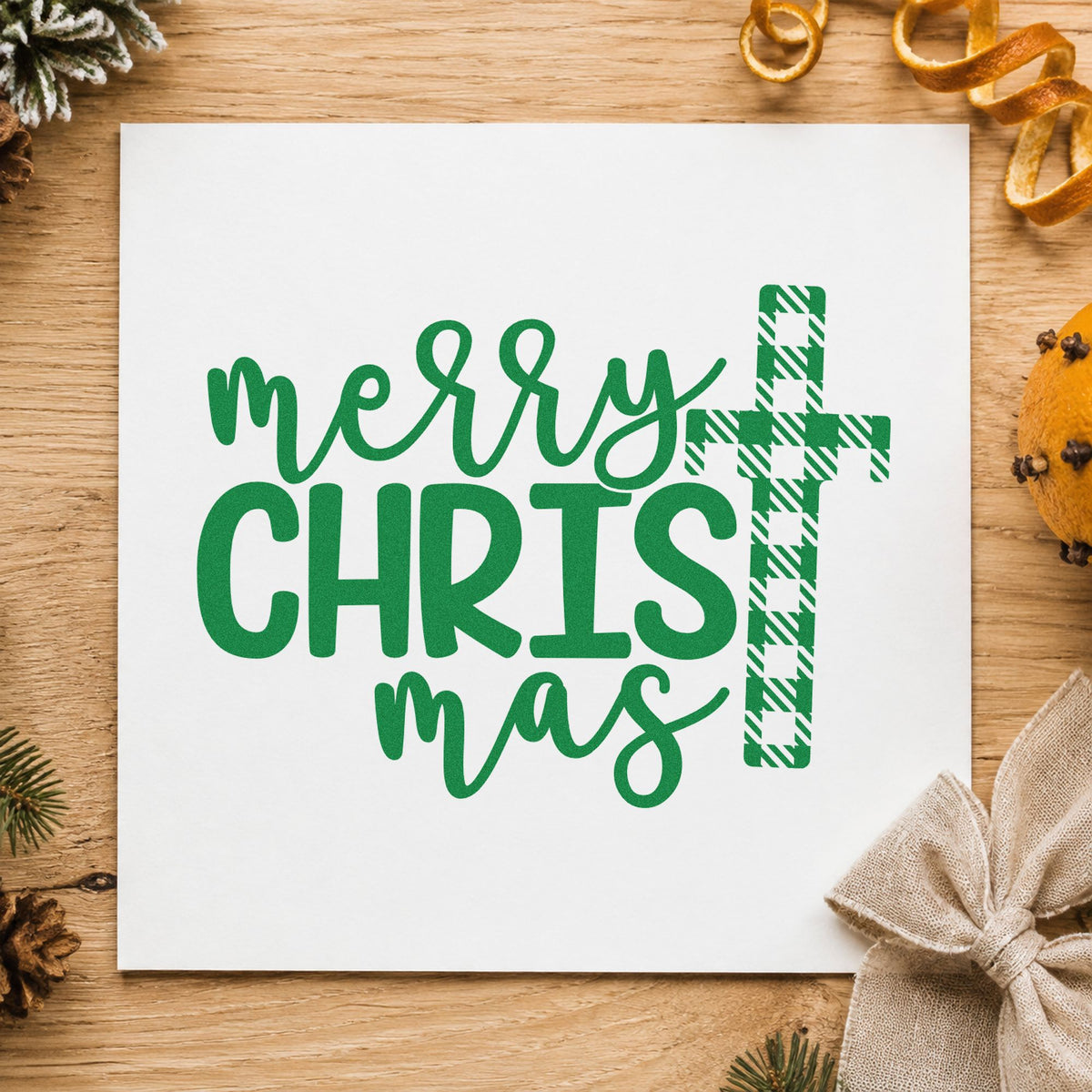 Merry Christmas Plaid Cross craft stamp imprinted in green ink on paper, a design suited to framed fellowship nook.
