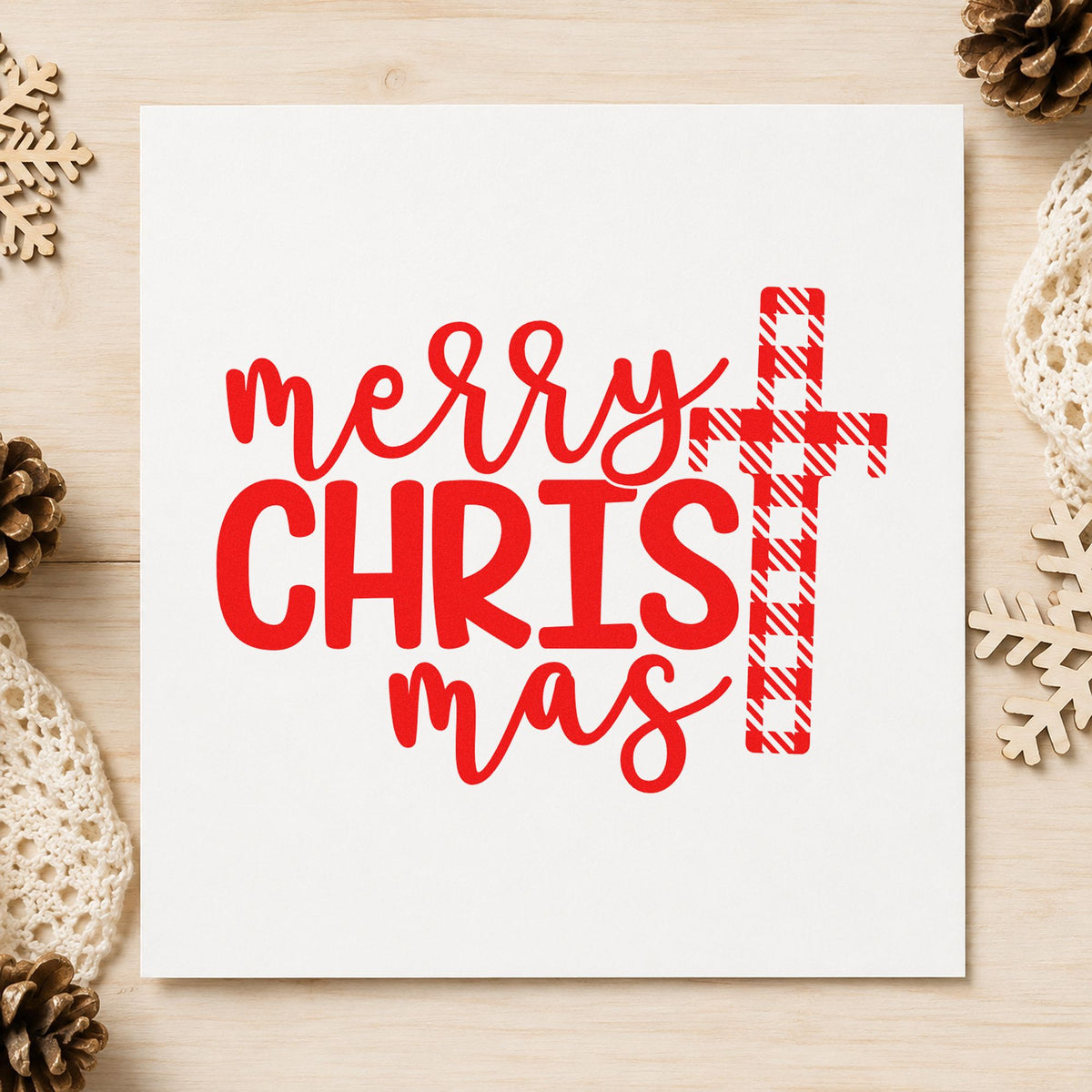 Merry Christmas Plaid Cross rubber stamp shown in red ink, stamped for projects such as potluck dish labels.