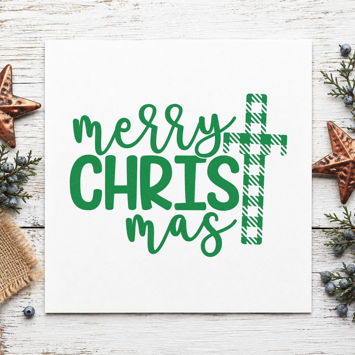 Merry Christmas Plaid Cross craft stamp imprint in green ink on a handmade project, one idea being barn service programs.