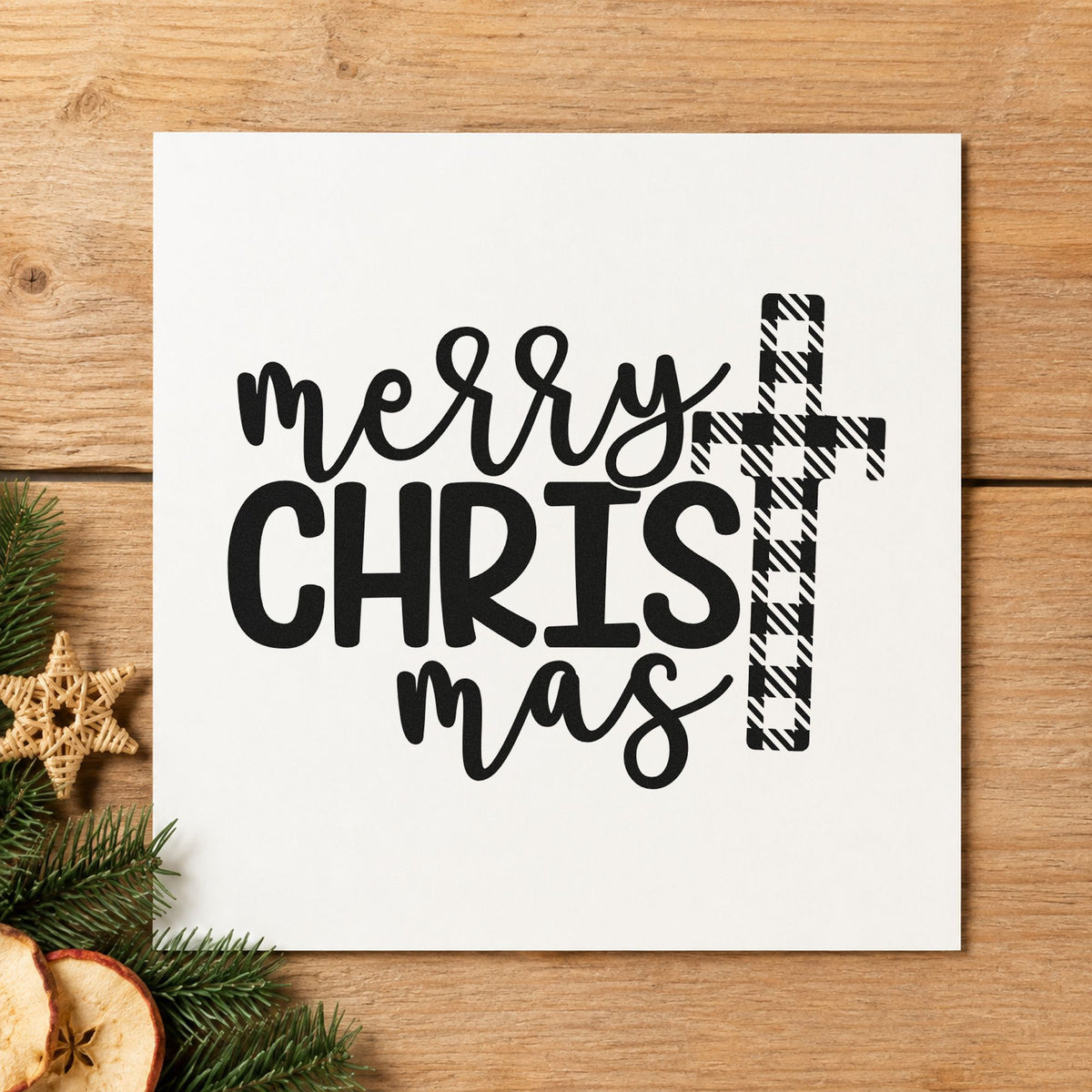 Merry Christmas Plaid Cross rubber stamp printed in black ink, ready for plaid cross cards and similar paper crafts.