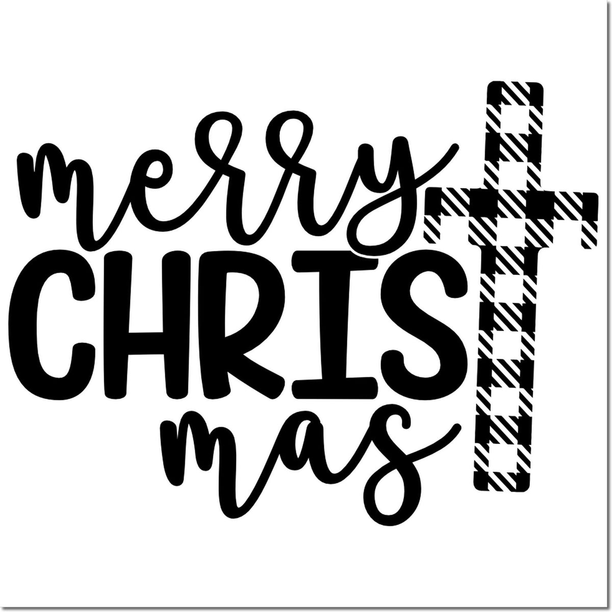 Black Merry Christmas stamp with handwritten script, bold block letters, and plaid cross seal accent