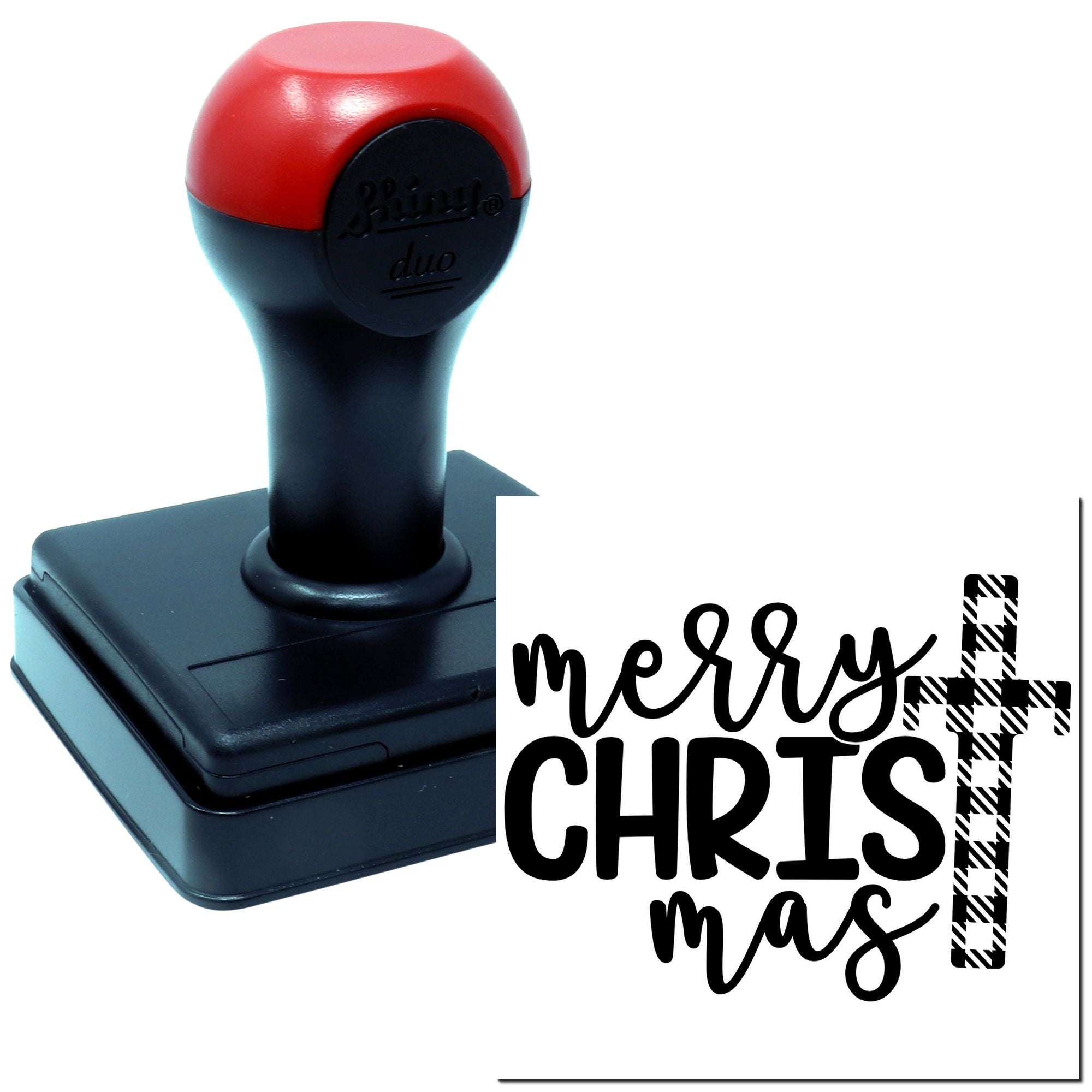 Duo Plaid Cross Merry Christmas Script Design Hand Stamp