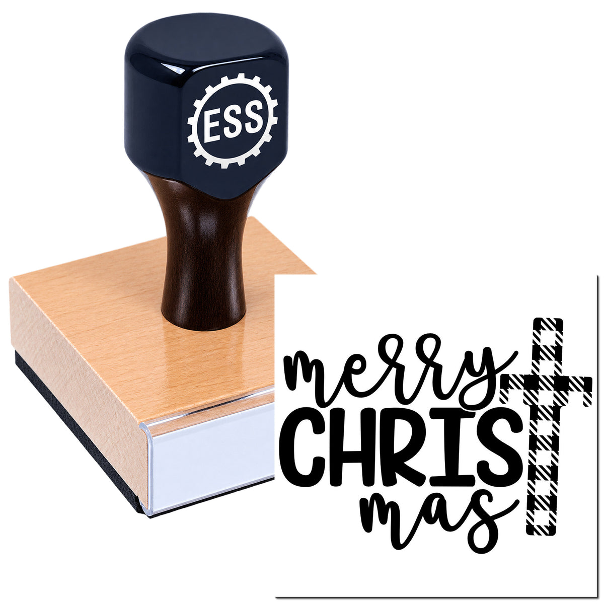 Black ESS stamp and seal on a pink wooden block, showing a Merry Christmas design with plaid candy cane accents.